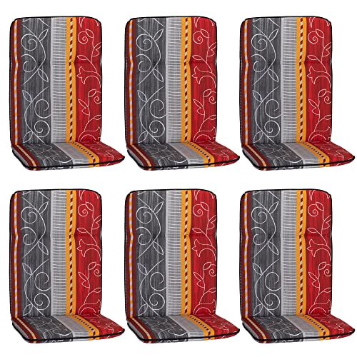 NYVI Hochlehner Auflagen Hawaii 6er Set - 114x47 cm Grau Rot Gelb Ranke - Gartenmöbel Auflage mit 5 cm Polster und Gummi-Halteband