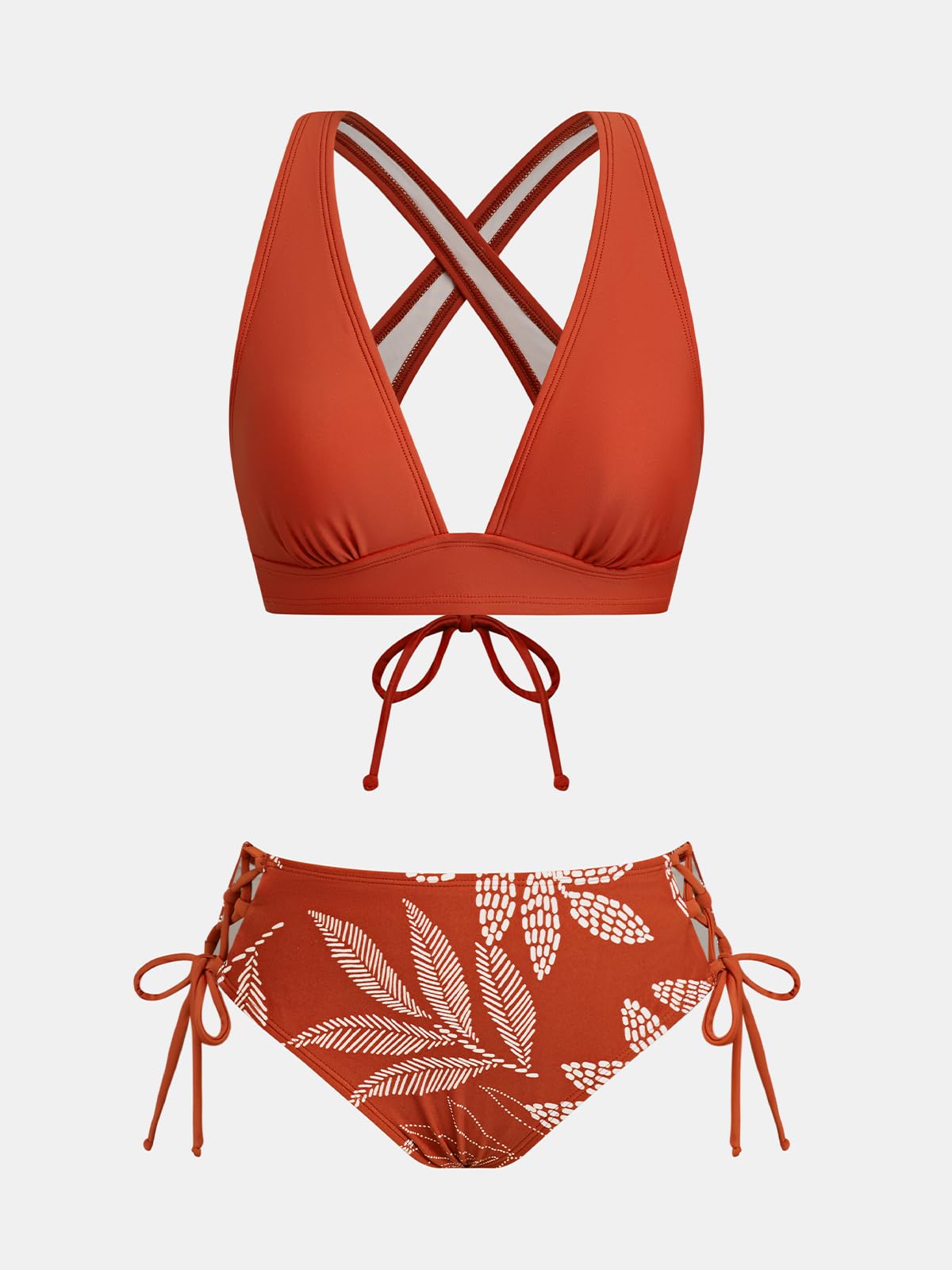 CUPSHE Bikini da donna, con scollo a V, in pizzo, a vita bassa, costume da bagno a due pezzi, Rosso mattone Tropical, S