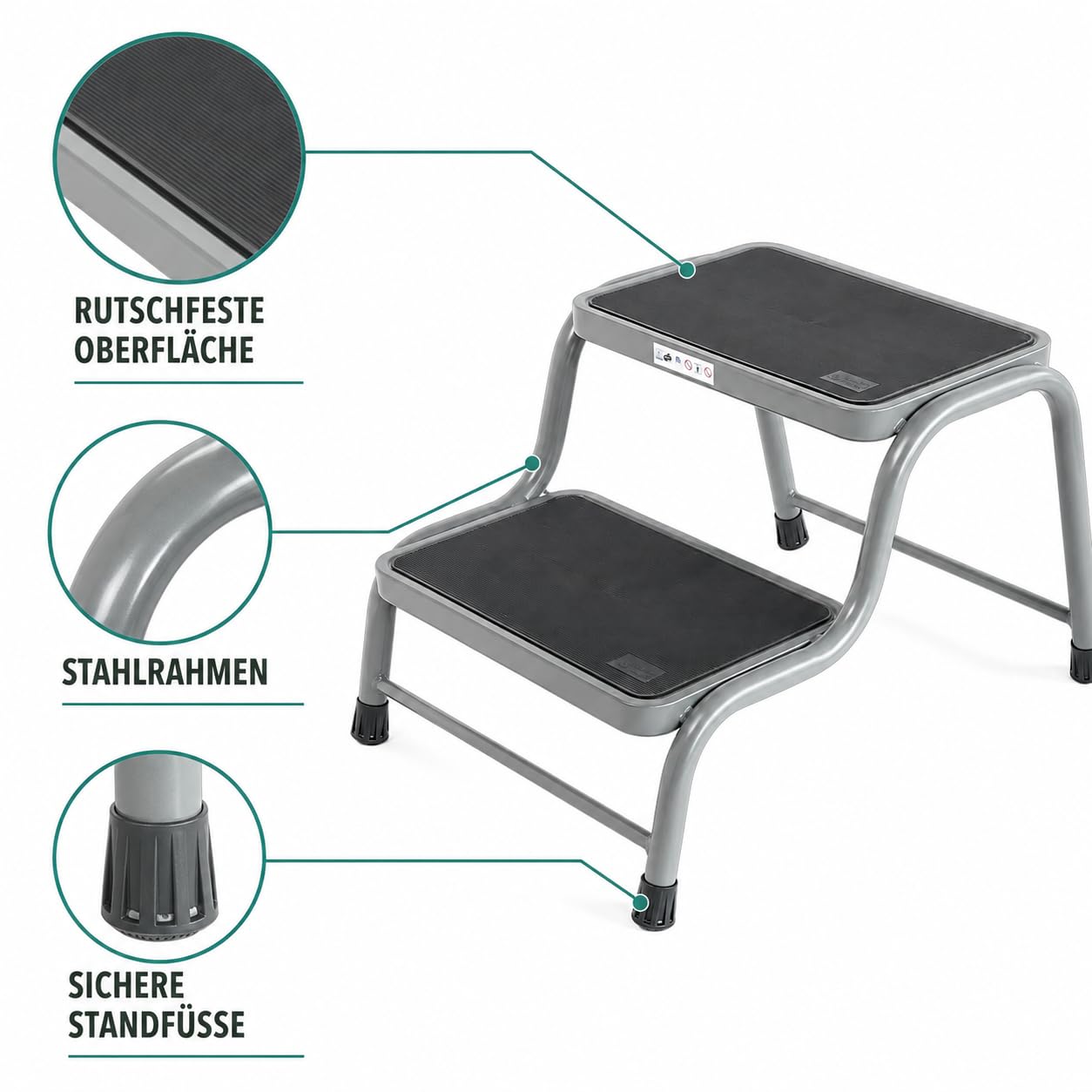 Happy Rhino - Doppelte Trittstufe Deluxe - Wohnwagen Trittstufe - Campingstufe - Wohnmobil Einstiegshilfe - Grau - 64 cm
