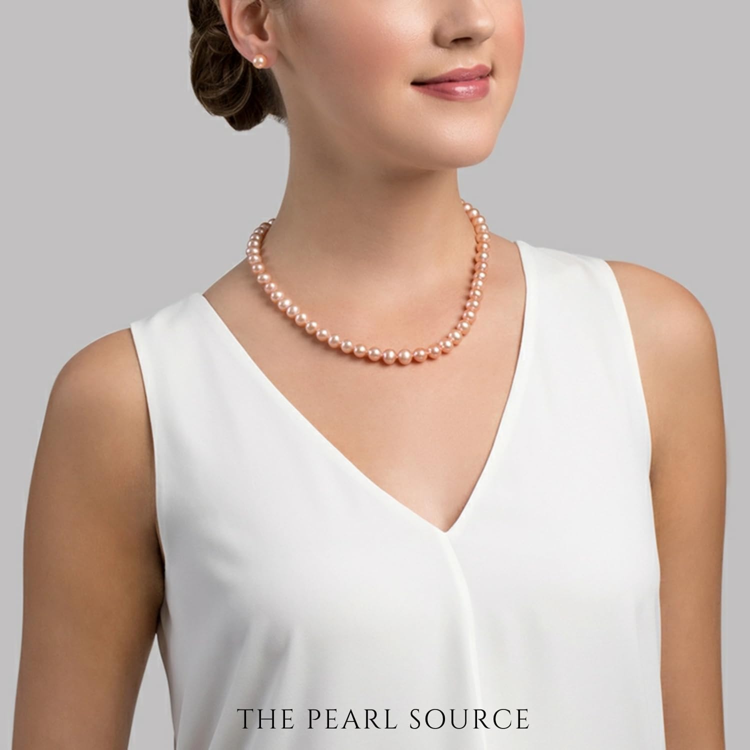 The Pearl Source 14K Gold 7-8mm AAA Quality Peach Freshwater Cultured Pearl Necklace for Women