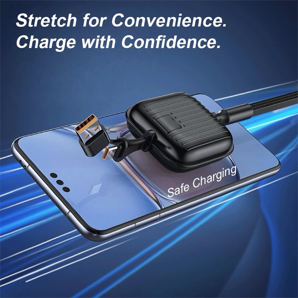 3 in 2 Retractable Fast Charging Cable, Multi USB Cable Charger Cord Compatible with iPhone, iPad, Samsung, Tablets, Switch and More, Silver