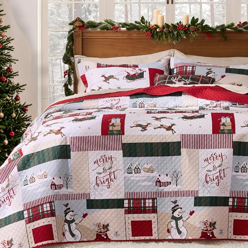 PPOLCA Christmas King Quilt Bedding Set Snowman Printed Lightweight Reversible Bedspread Coverlet 3-Piece Bed Cover Quilt with 2 Pillow Shams for All Season Red