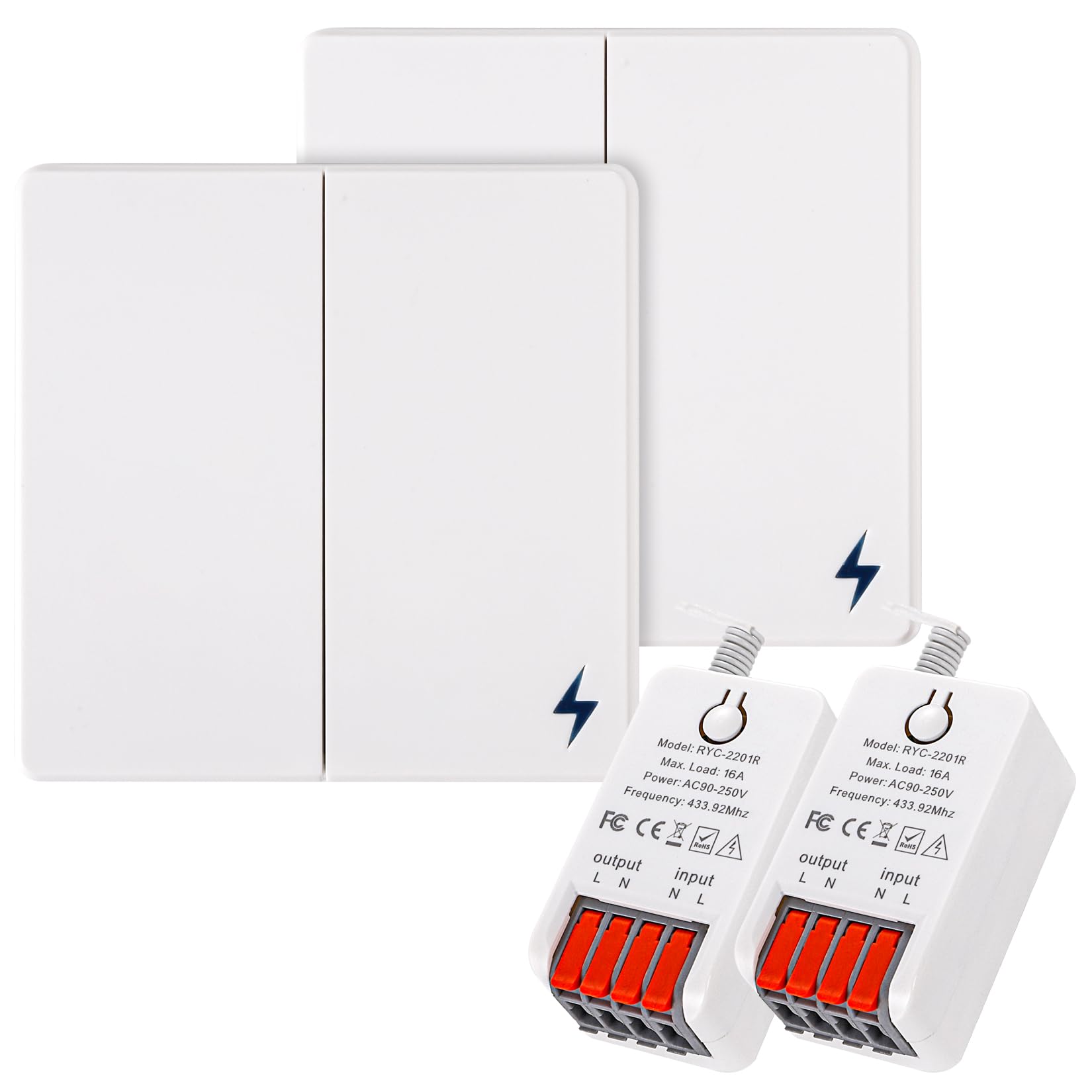 Wireless Light Switch, 86 Type No Wiring DIY Light Switch Kit with 16A Receiver, AC 90-250V Long Range Remote Control Light Switch for Home/Garage (2 Switch 2 Receiver)