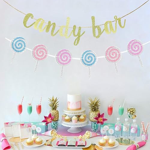 Miniatura 3 de KUNGOON Cartel de barra de caramelo, decoración de fiesta de cumpleaños temática de caramelos, decoración de baby shower, letrero de papel dorado