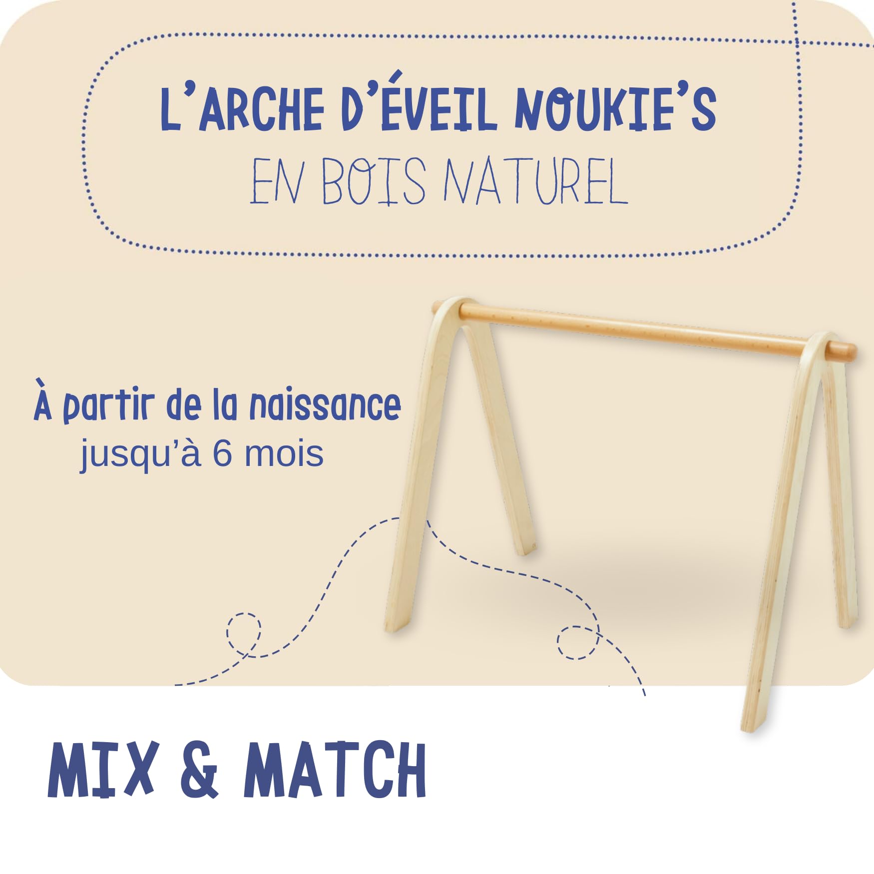 NOUKIE'S – Arco di risveglio in legno naturale – Facile da montare e trasportare – Stimola i sensi dalla nascita fino a 6 mesi – Ideale con tappeto o culla – Set attività venduto separatamente