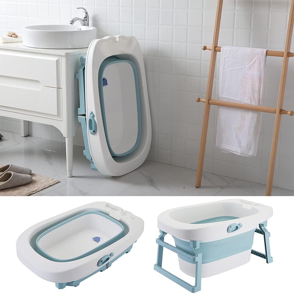 Bañera Bebe, 3 en 1 bañera plegable y antideslizante con mini taburete de ducha y alfombra de ducha, 6 meses a 7 años, carga máxima: 35 kg (azul, 85 x 55 x 47 cm)