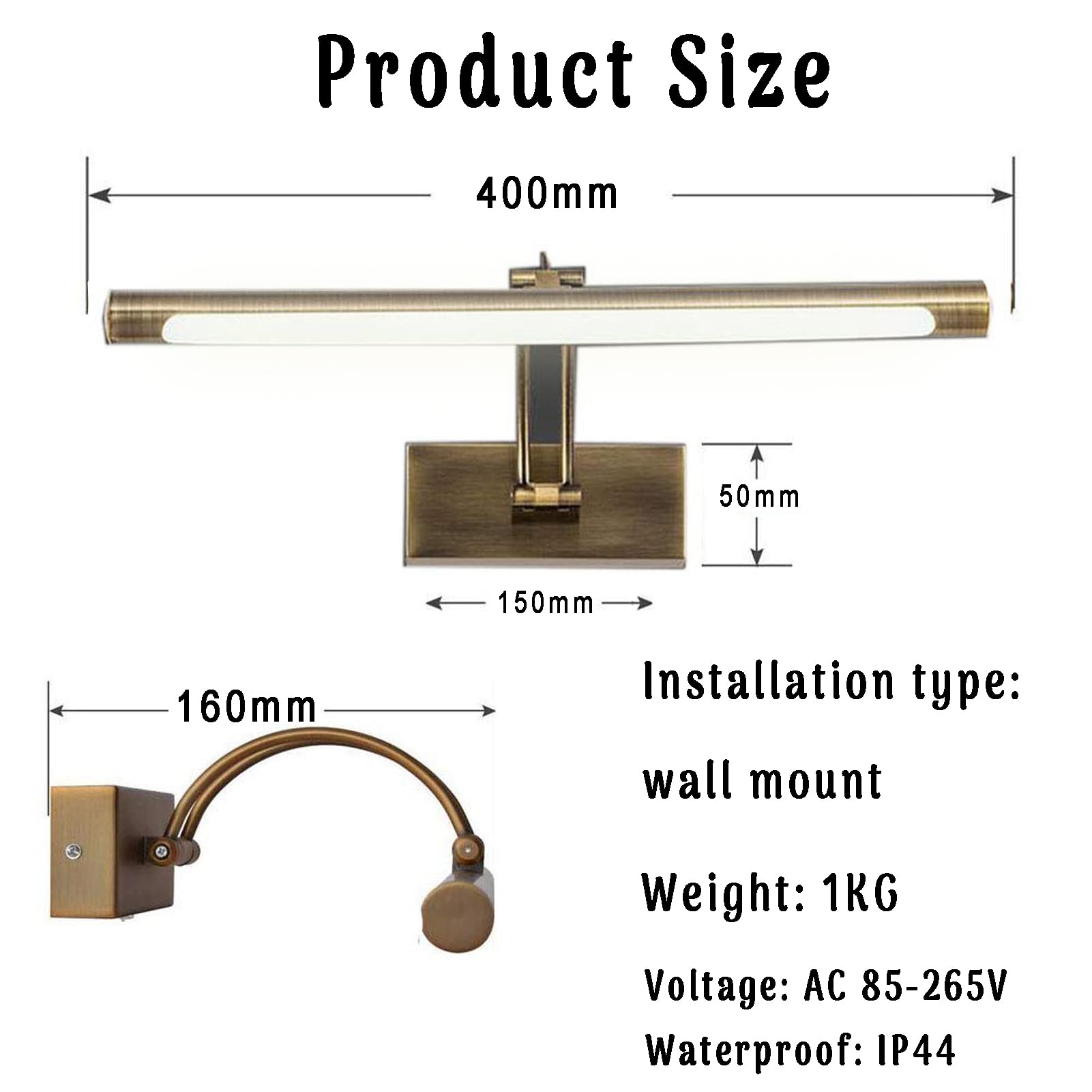 LED Spiegelleuchte, 40cm Retro Europäischen Stil LED Badspiegelleuchten Badezimmer Make-up Licht, Wasserdicht Beleuchtung Wandleuchte Spiegellampe, Antikes Messing Leichtes Spiegellampe
