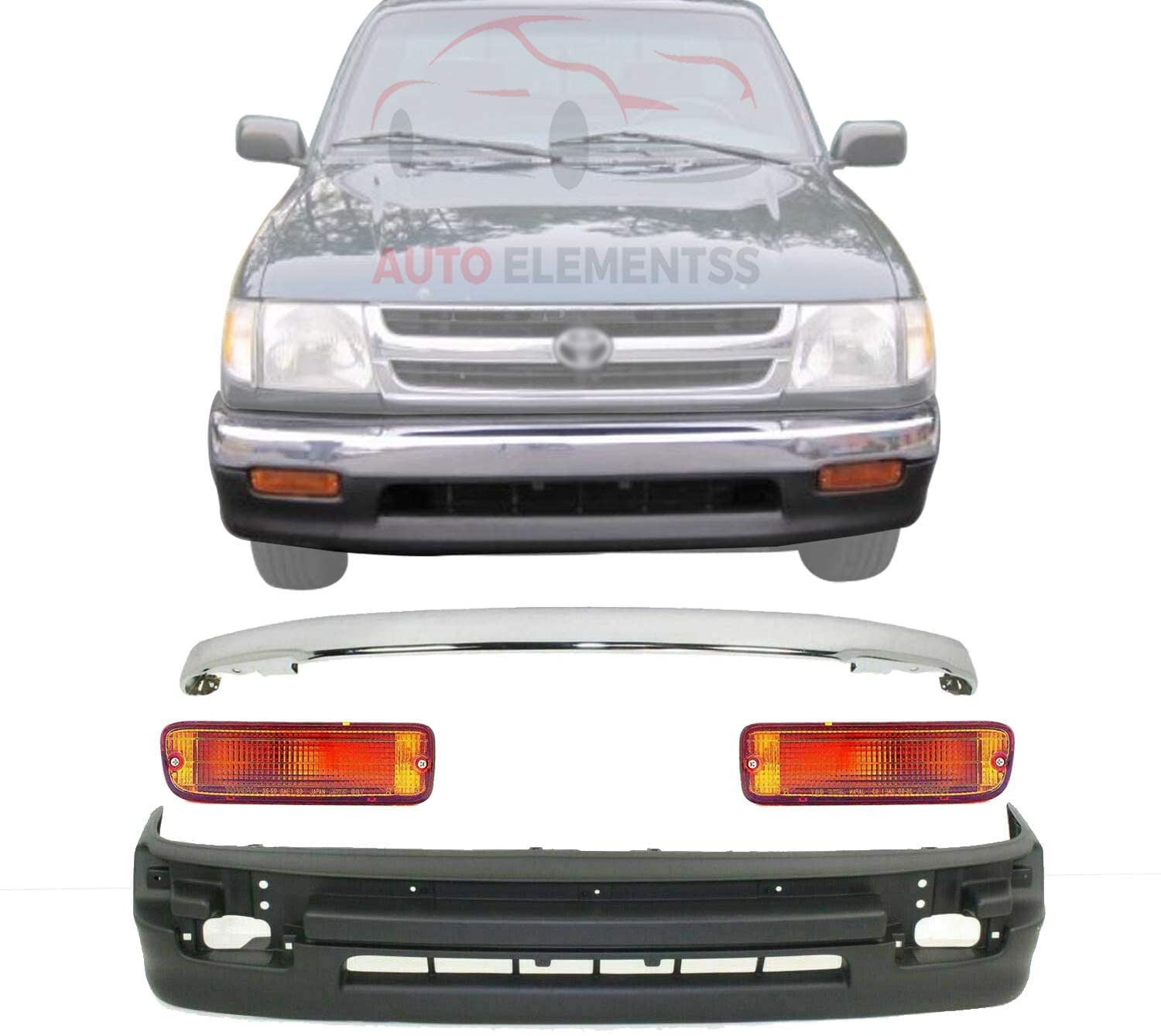 Front Bumper Cover + Chrome Trim + Signal Lights For 1998-2000 Toyota Tacoma 2WD Direct Replacement 5210104090 5391104060 8151035110 8152035110