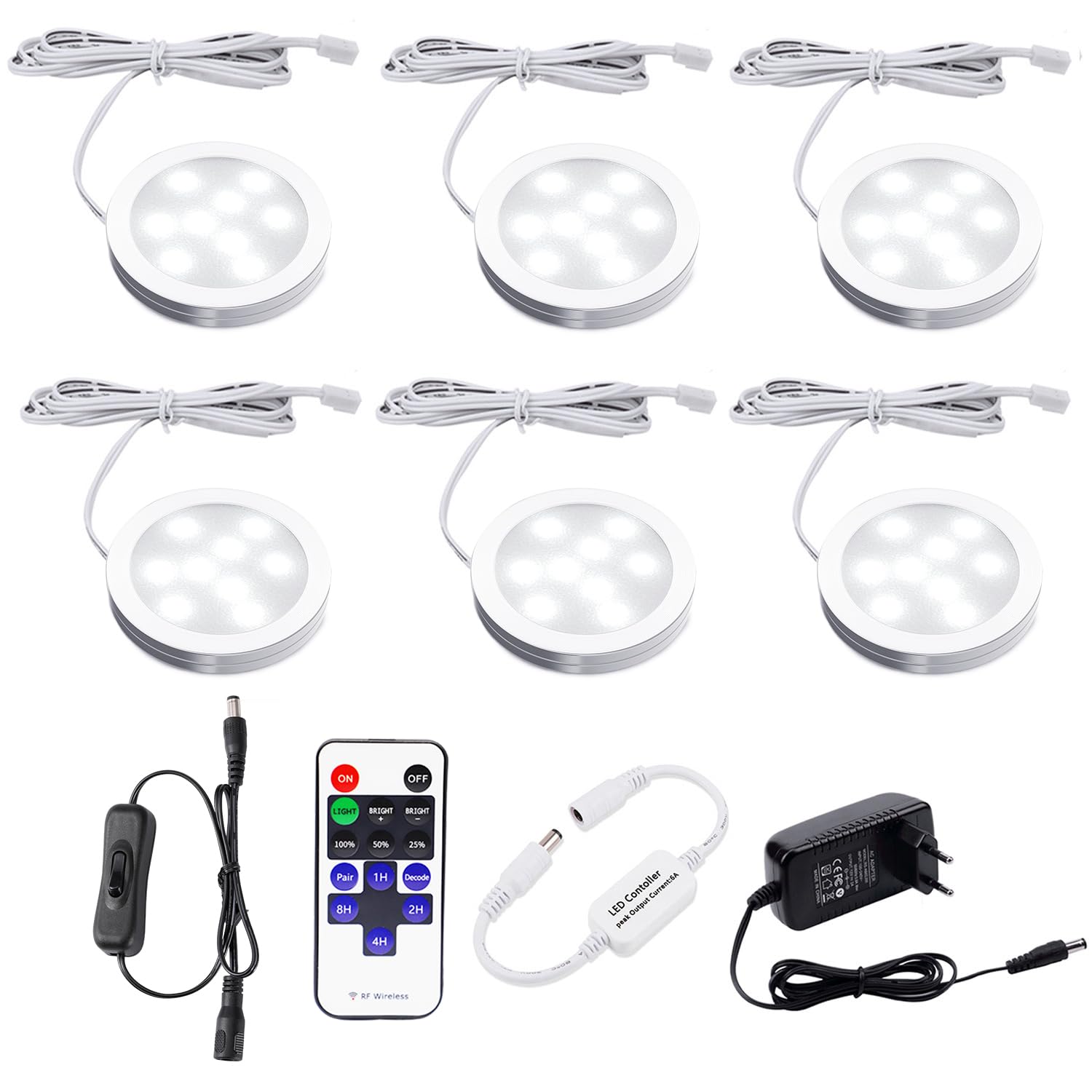 AIBOO LED Lampe Sous Meuble Cuisine avec Telecommande RF Sans Fil, Rond Ultra Slim Eclairage Encastré pour Placard, Prise Européenne, 6 Paquets Lumières LED pour vitrine 12V 12W (Blanc Froide 6000K)