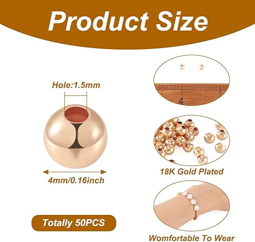 Miniatura 8 de 200 cuentas redondas de latón de oro de 18 quilates, cuentas espaciadoras chapadas en oro, cuentas de bola de metal liso sólido sin costuras para