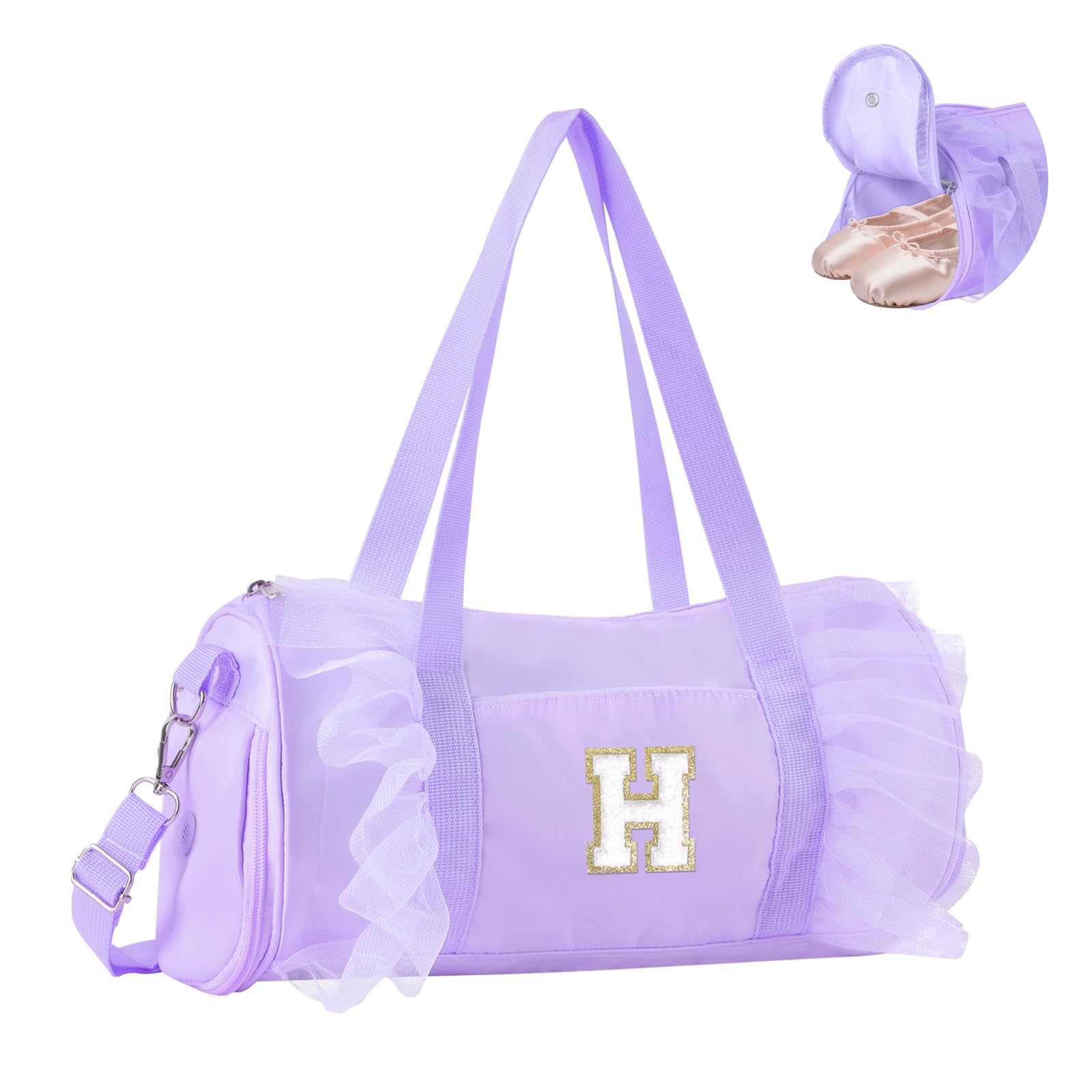 Personalized Initial Dance Bag for Girls 4-6, Small Lace Gym Sport Yoga Cheer Dance Bags Gift for Teen Girls, Cute Letter Kids Ballet Bag Toddler Travel Duffel Tote with Adjustable Straps(Purple-H)