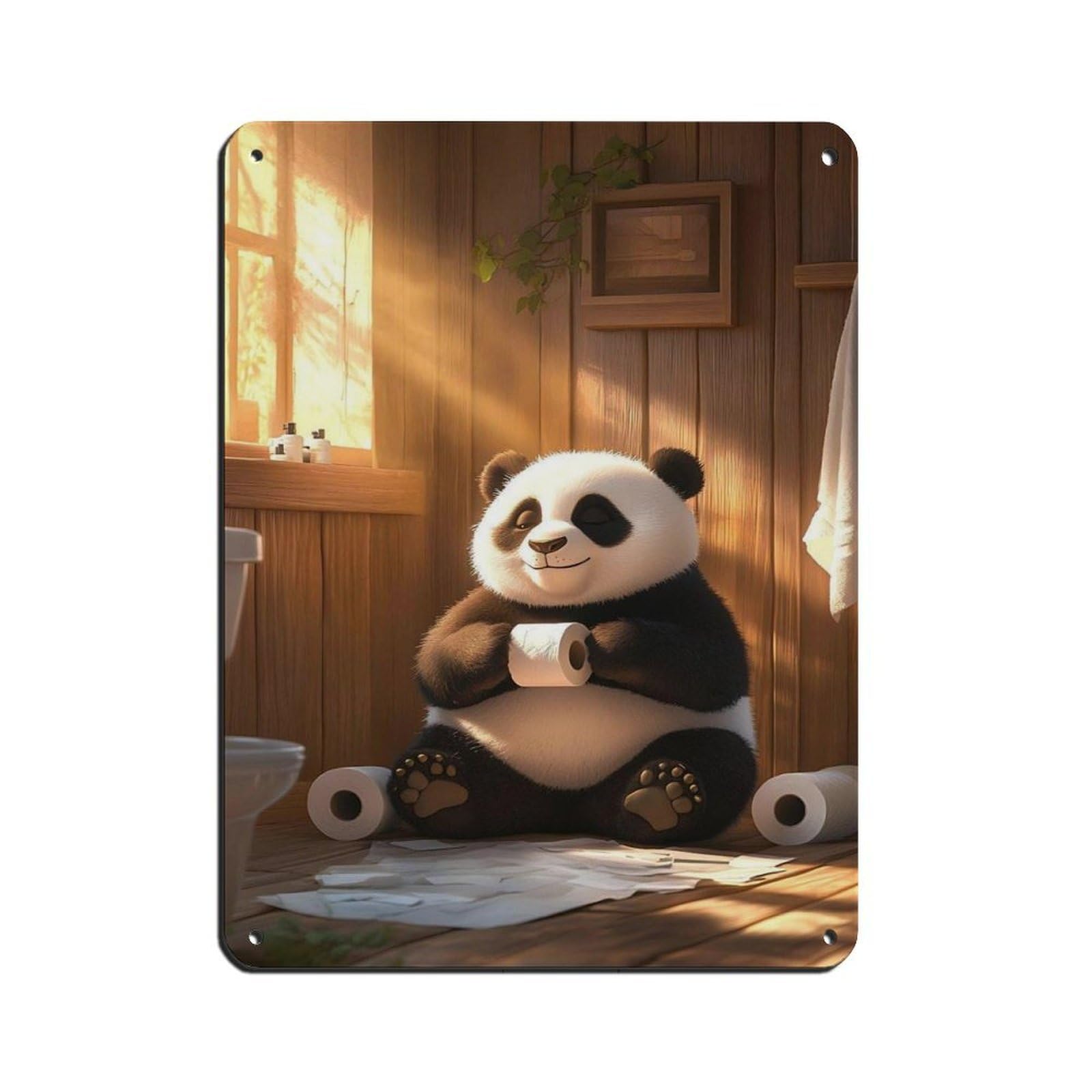 Playful Panda with Toilet Paper Retro Poster Metal Tin Sign Chic Art Retro Iron Painting Bar People Cave Cafe Family Garage Poster Wall Decoration 12x16inch(30x40cm)