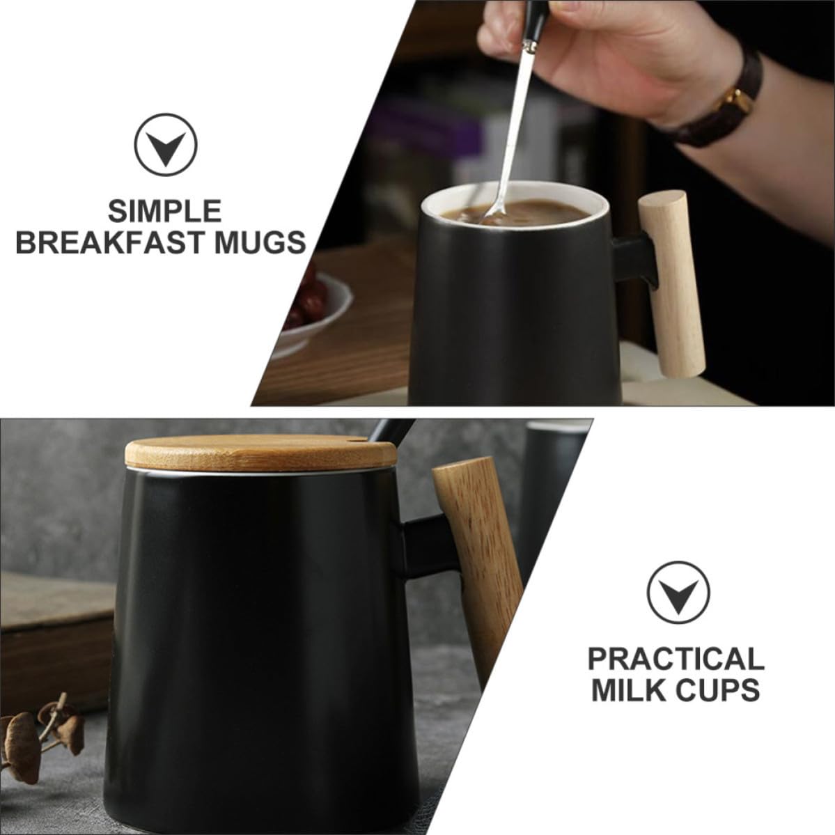 Holibanna Set 2 Tazze Colazione in Ceramica con Coperchio in Legno e Cucchiaino, Design Semplice e Lavorazione Fine, per Caffè e Bevande Calde