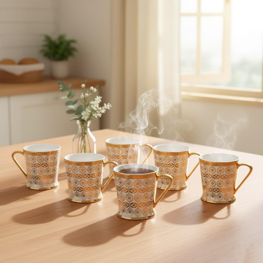 Handcrafted Ceramic Coffee Mugs Indian Golden Tea Cups Set of 6 (6 oz), Cappuccino Cups, Coffee Cups, White Tea Cup Set, British Coffee Cups, Porcelain Tea Set, Latte Cups, Espresso Mug.