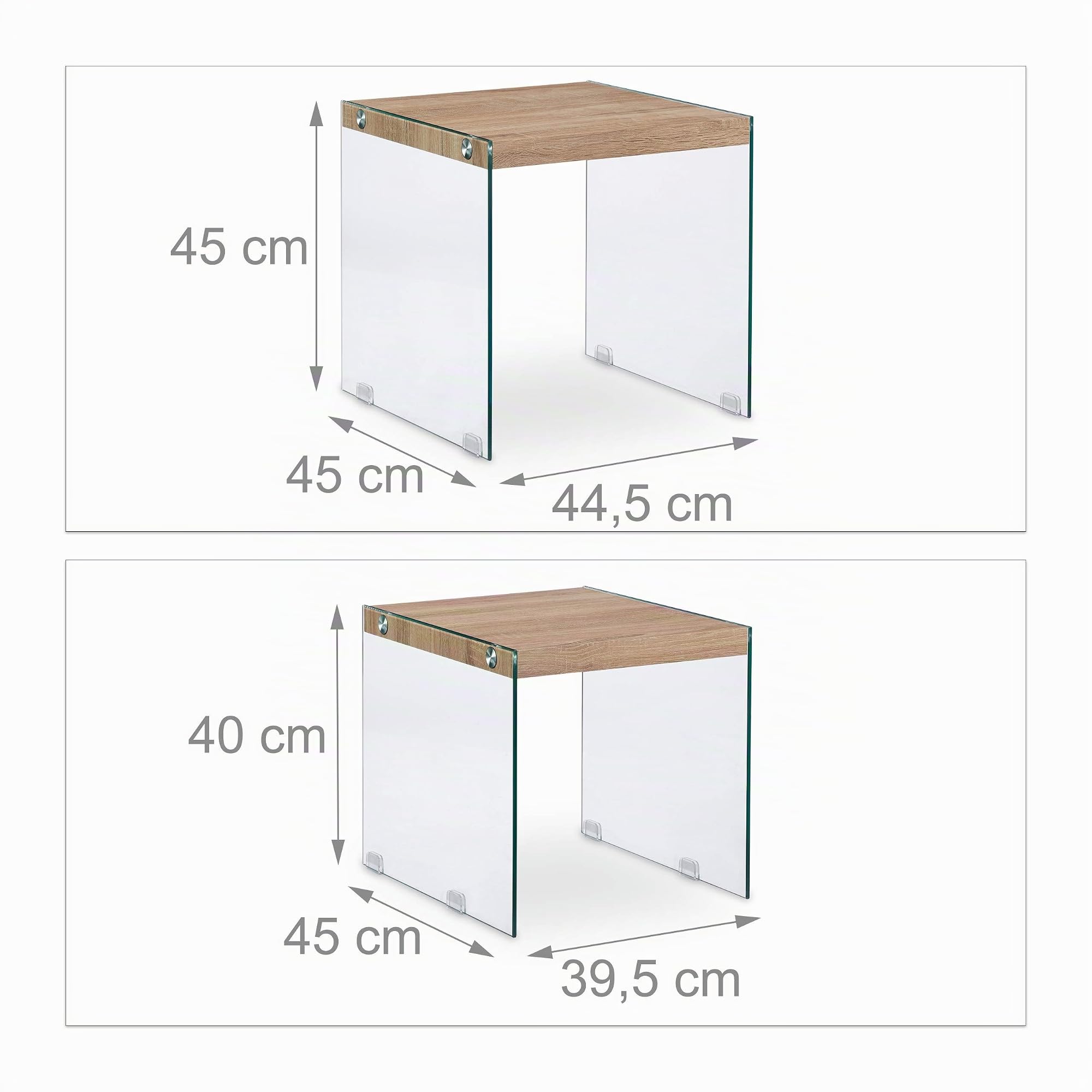 Relaxdays Set 2 Tavolini Sovrapponibili in Vetro, Ripiano in Legno, Tavoli da Divano per Soggiorno, H 40-45 cm, Naturale