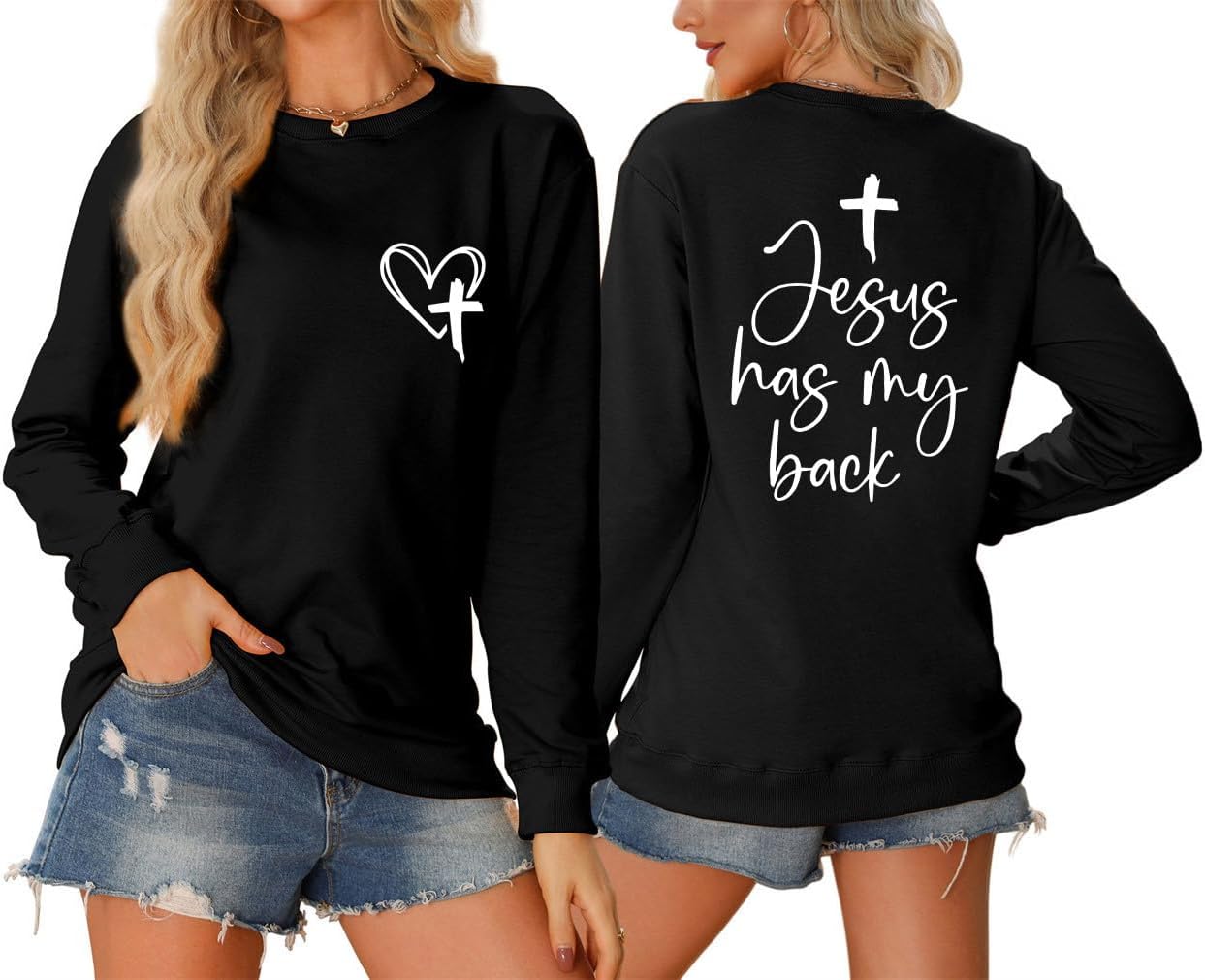 Jesus Has My Back Christian Sweatshirt Women Religious Faith Shirt Long Sleeve Bible Verse Inspirational Pullover Top - Image 2