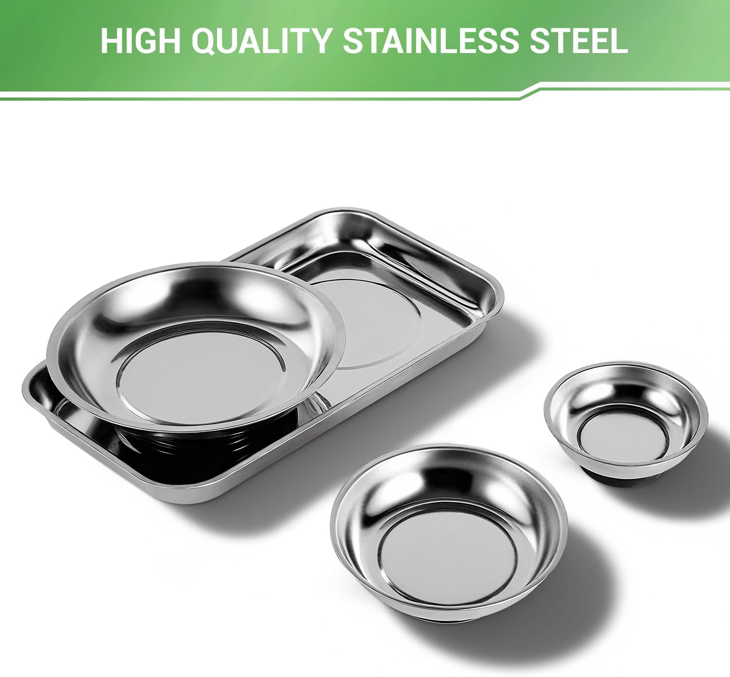 GURADESIGN Magnetic Tray 4-Piece, Large Magnetic Parts Tray and Round Magnetic Parts Tray Set, Stainless Steel Heavy Duty 9.5" W x 5.5''L Square and 6" 4" 3"Round Tools Tray