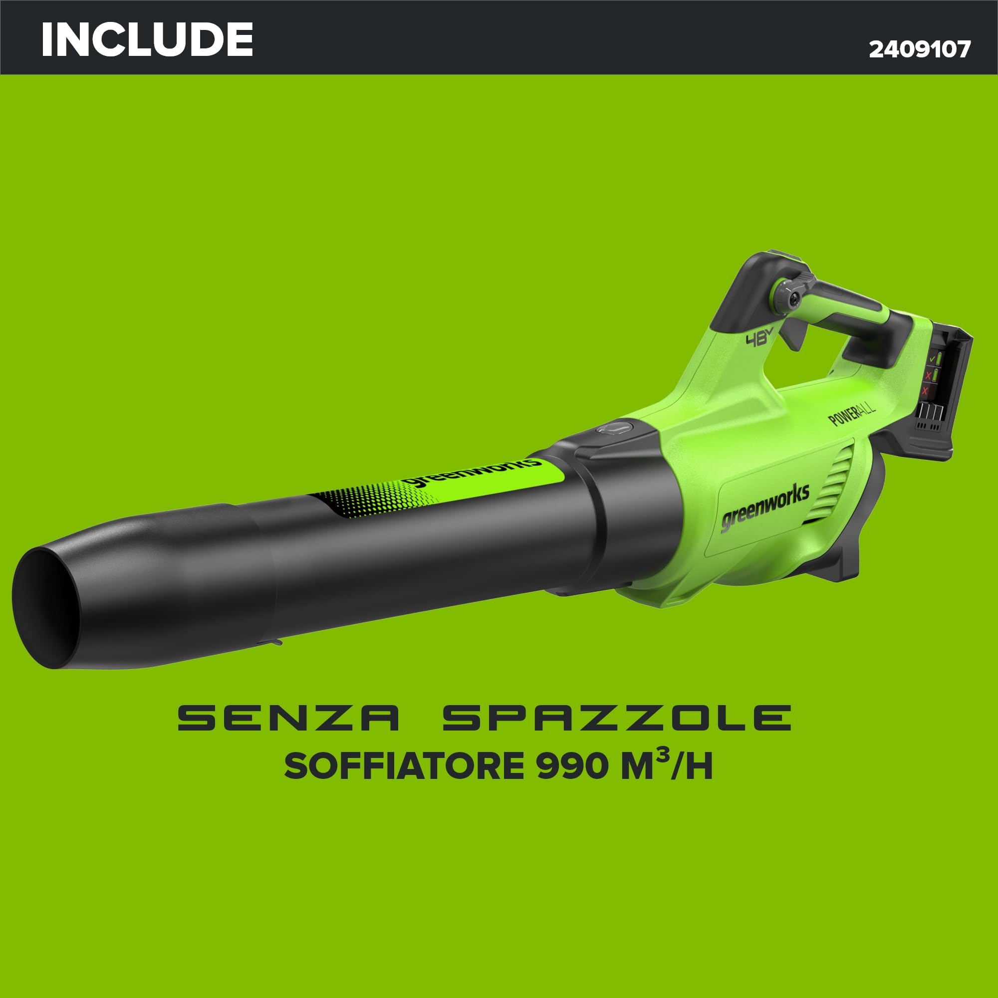 Greenworks 48V(24V x 2) Soffiatore Assiale a Batteria, Velocità Aria 217 Km/h, 16.4m³/min, Potente Tubo Soffiatore Assiale Controllo di Velocità Elettronico Senza Batteria e Caricatore BL48L00-01
