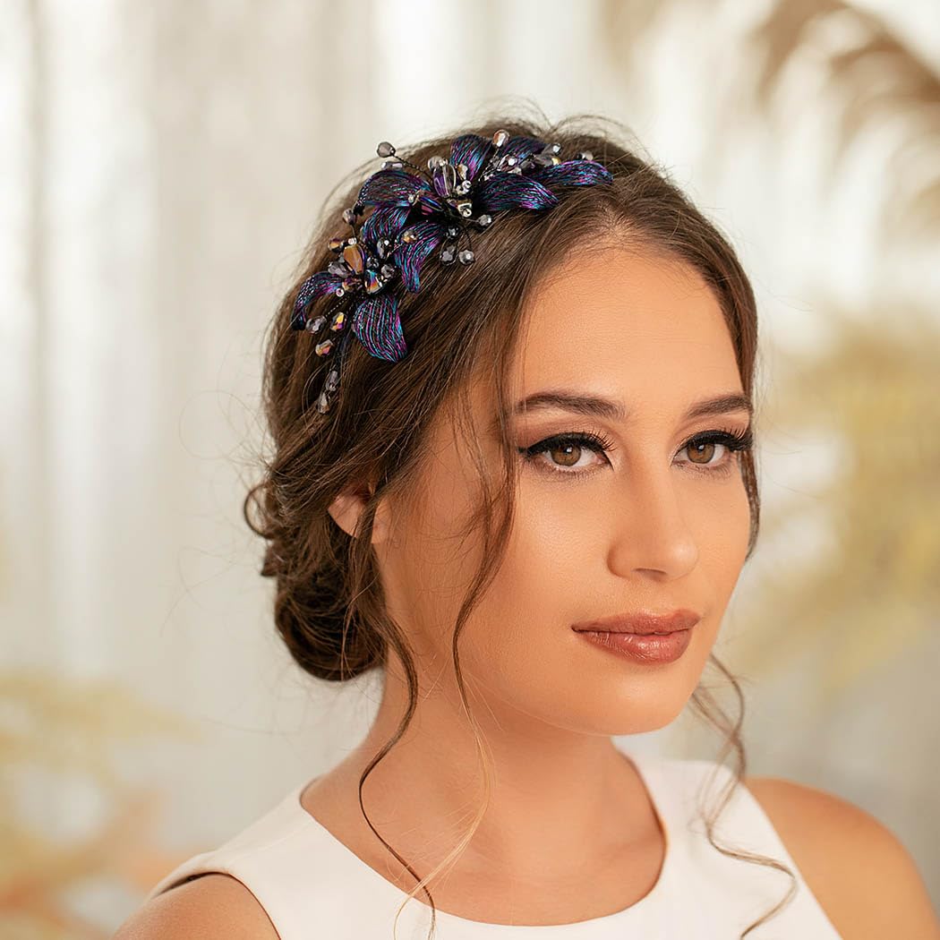 IYOU Flower Copper Wire Headbands Navy Blue Crystal Hair Bands Handmade Vintage Party Prom Wedding Hair Accessories for Women - Image 2