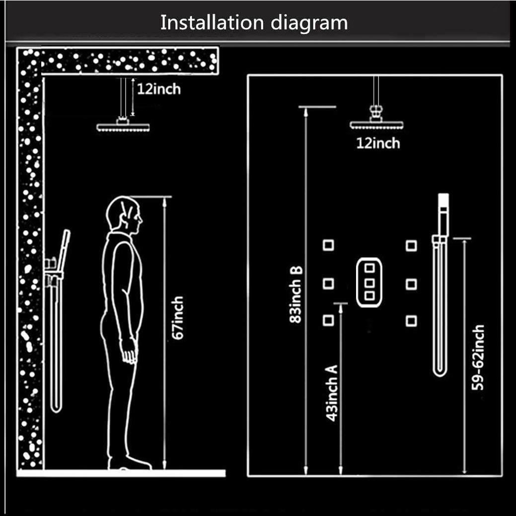 System prysznicowy, termostatyczny, matowy, czarny mosiądz, 10-16 cali, sufitowy system natryskowy z deszczownicą LED, 6 strumieniami wody i zestawem prysznicowym rę,12 Inch