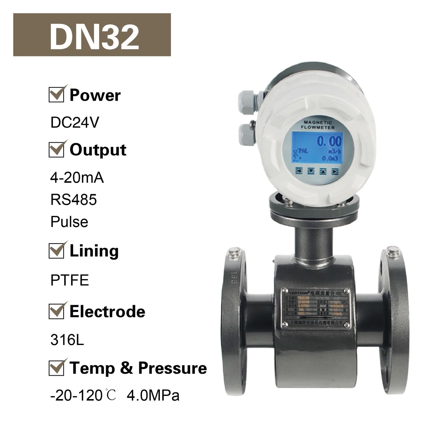 Caudalímetro electromagnético, caudalímetro magnético, sensor digital de caudal de líquidos, caudalímetro electromagnético industrial, caudalímetro de agua y fluidos. para Agua Líquida, Diésel(DN32)