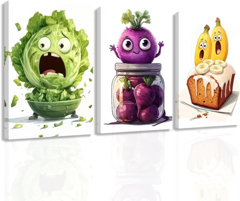 ZXHYWYM 3 Pieces Funny Kitchen Wall Art Picture Frame Whimsical Pickle Canvas Prints Food Posters Humorous Vegetable Fruit Painting Dining Room Decor (11"x14"x3)