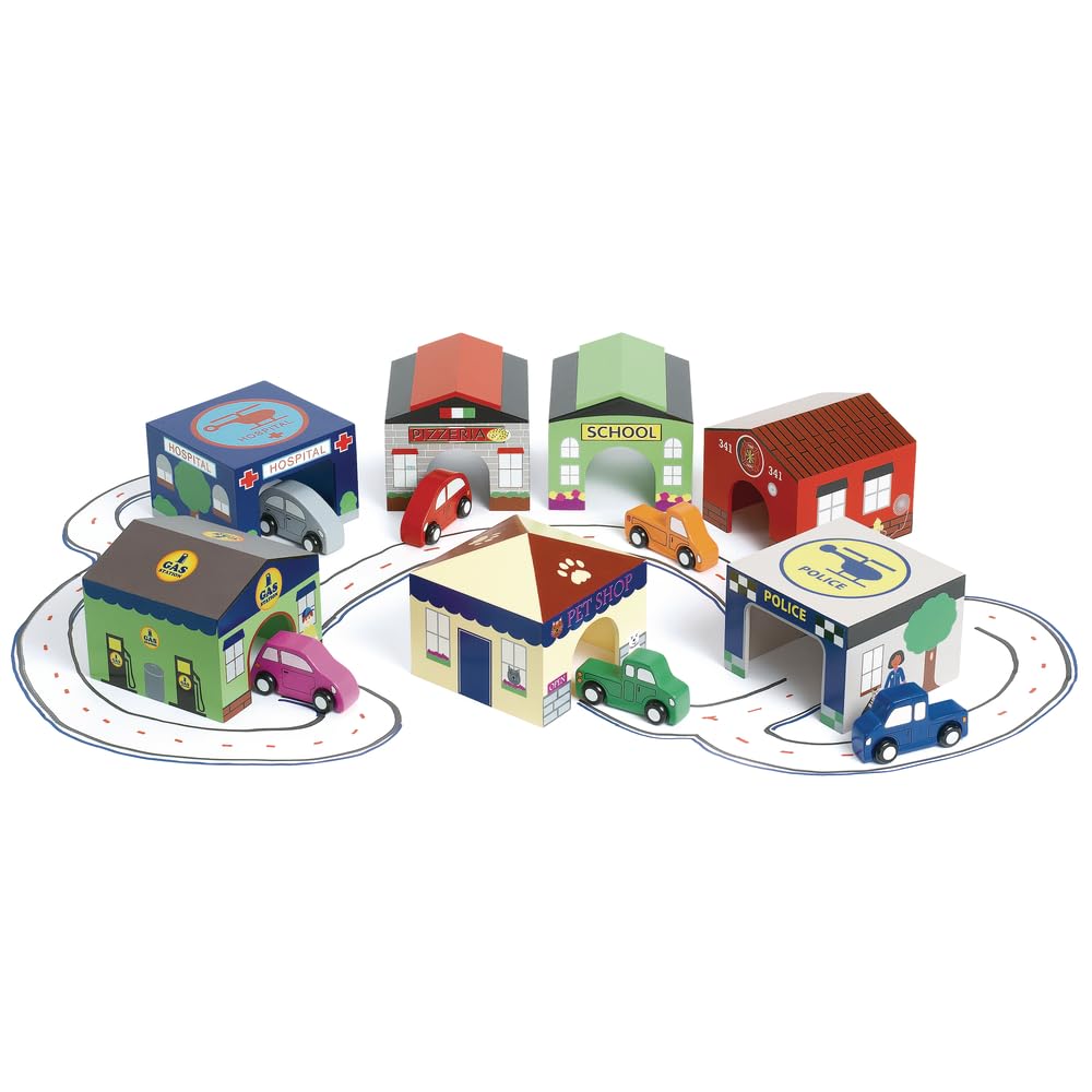 Excellerations 5.5 inches H, Wooden Town Block Play Structures, Houses, Set of 7, Preschool Educational Toy, Ages 3 Years and Up