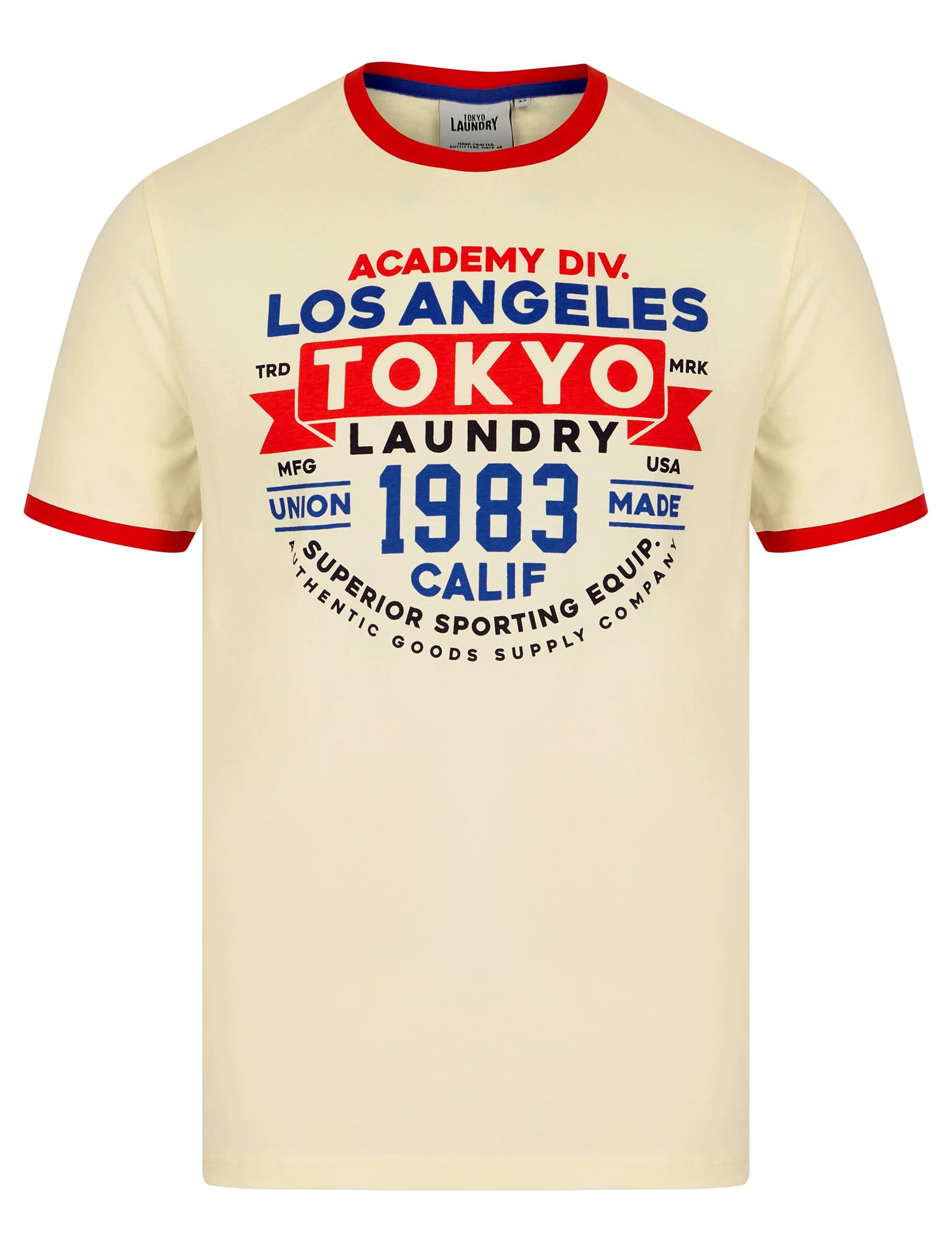 Tokyo Laundry Men's Vintage Retro Motif Jersey Grindle Crew-Neck Ringer T-Shirt Snow White