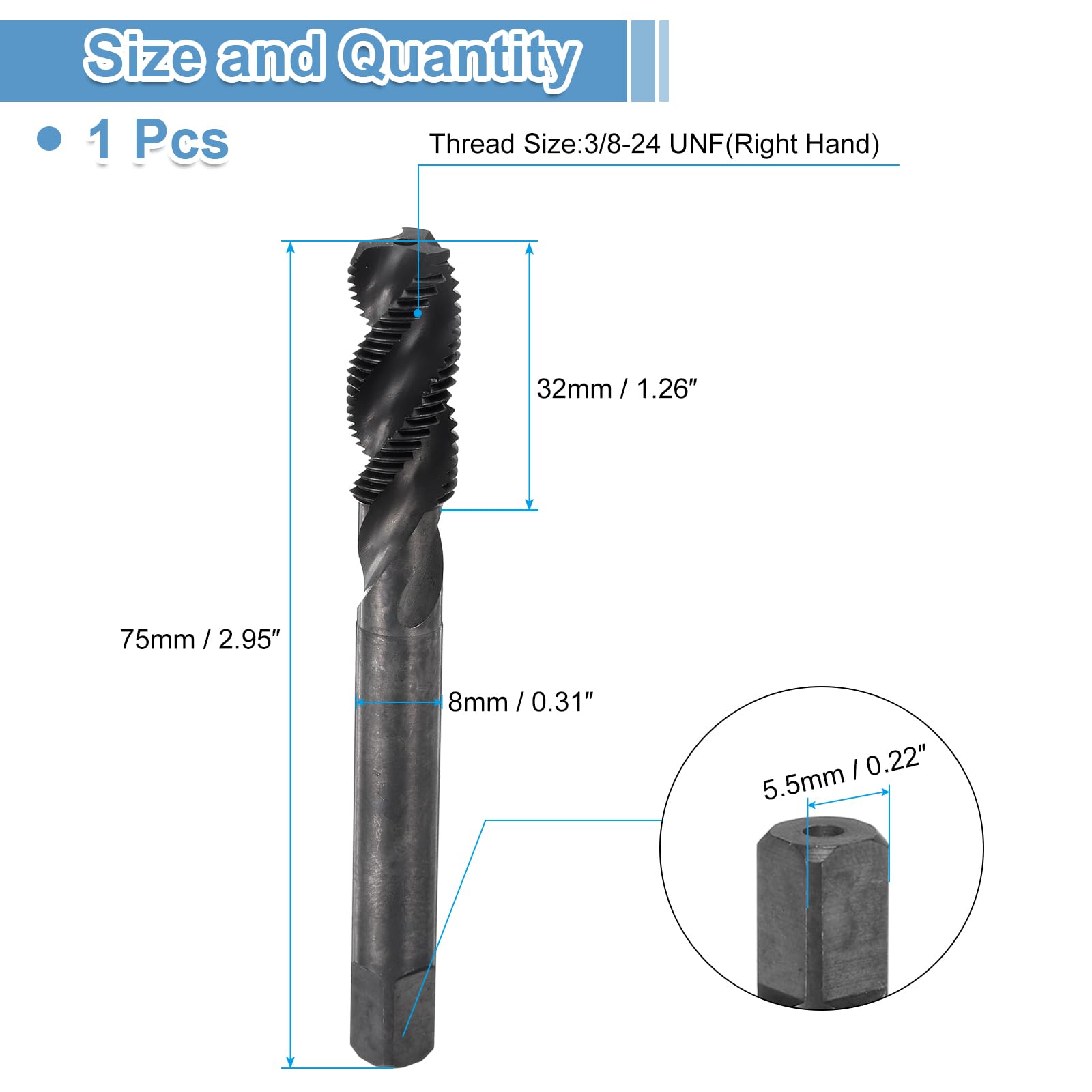 uxcell Spiral Flute Thread Taps 3/8-24 UNF 2B Machine Threading Tap Bit, Nitrided Coated Screw Tapping Repair Tool, M2 High-Speed Steel (HSS)