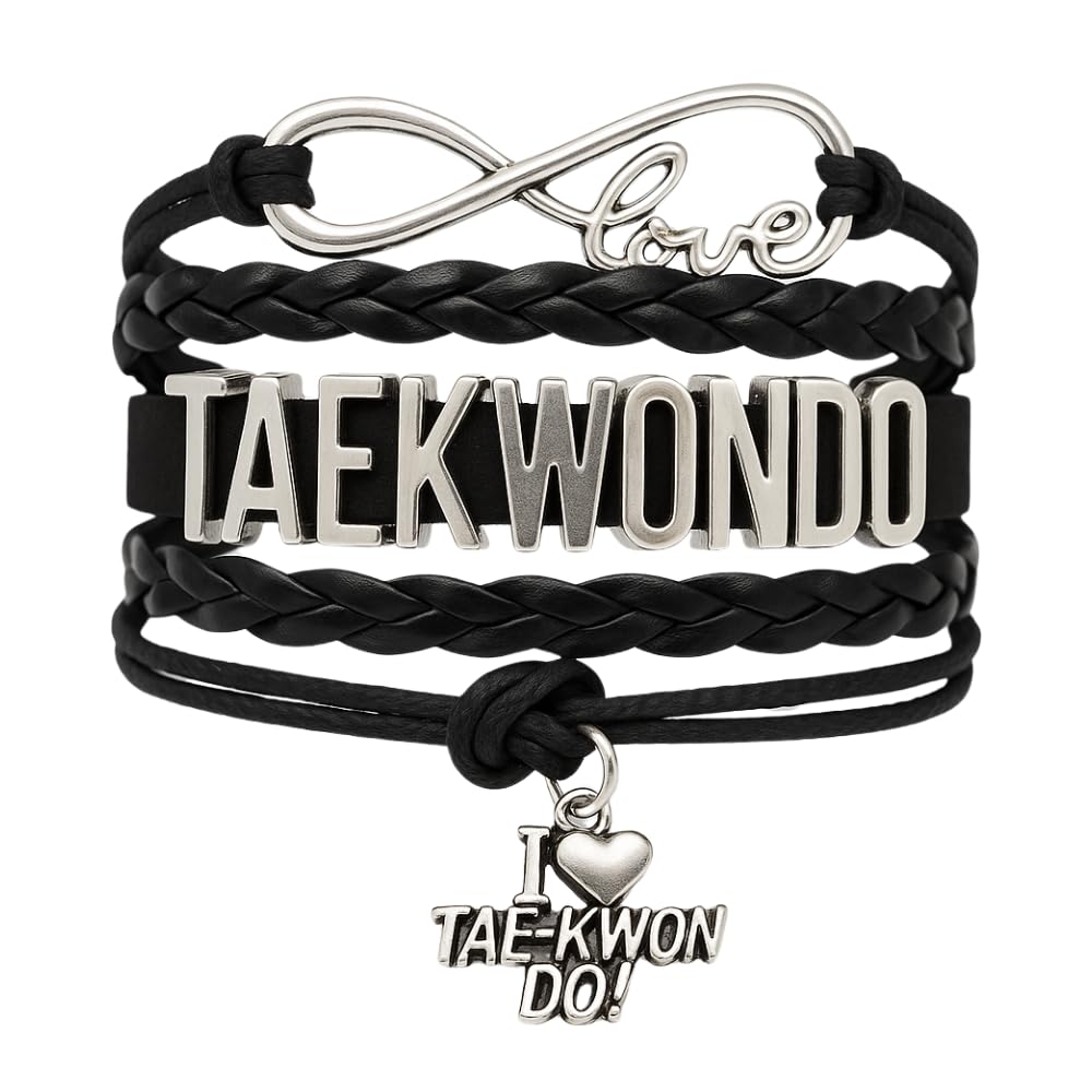 Sportybella Taekwondo Charm Bracelet - Infinity Tae kwon do Adjustable Bracelet with Martial Arts Charm - Gift for Women and Teens (Black)