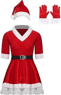 Womens 4 Pcs Mrs Claus Christmas Set Santa Clause Costumes Velvet Dress with Belt Gloves Hat