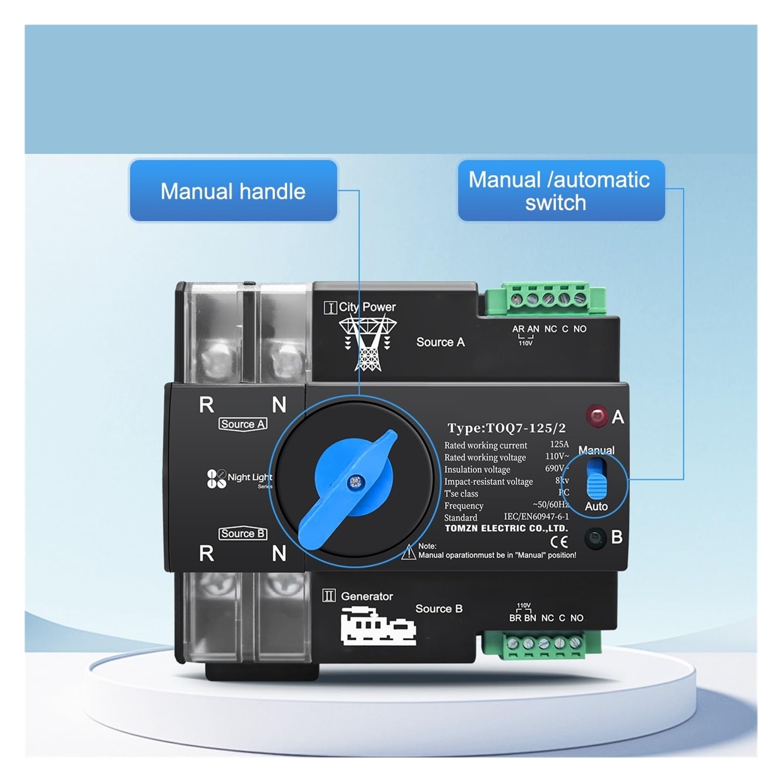 1pc Din Rail ATS L N 110V-120V 63A Dual Power Automatic Transfer Electrical Selector Switch Uninterrupted 2P