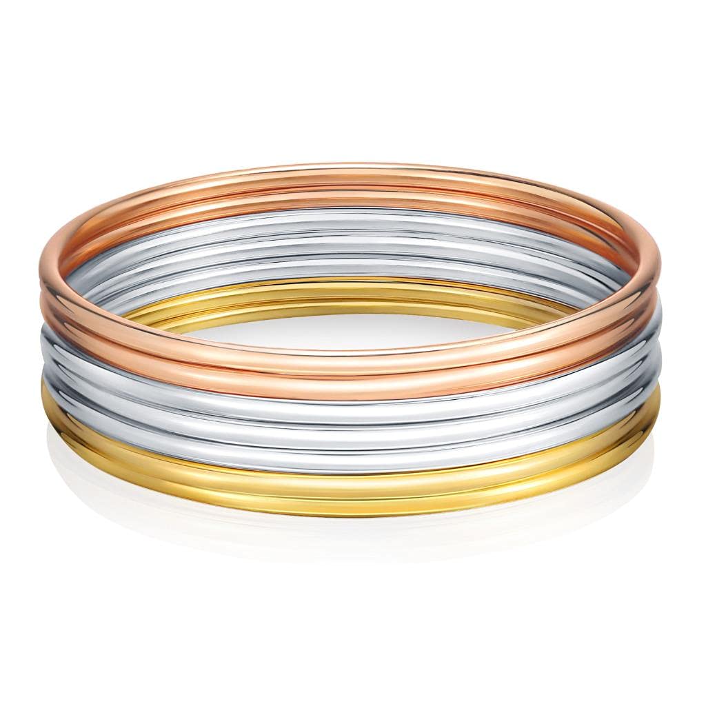 CastillnaStainless Steel Silver/Gold/Pink Gold Tri-Color Thin Round Bangle Bracelets for Women Christmas Birthday Gifts, Set of 7 Pieces