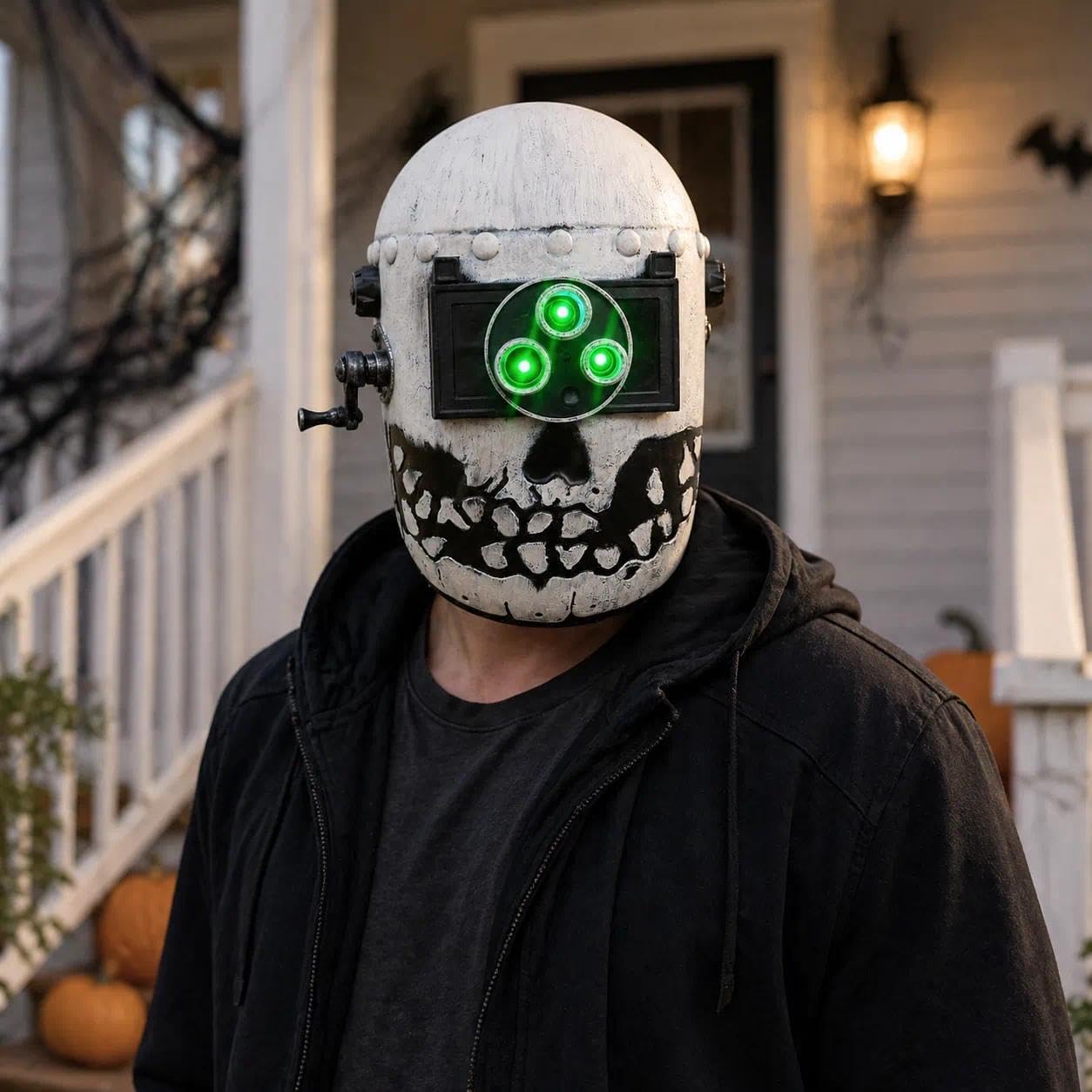 Light Up Triple Glowing Green Eyes Cracked Skull Horror Mask - Scary Halloween Cosplay Full Face Welding Helmet Costume Accessory