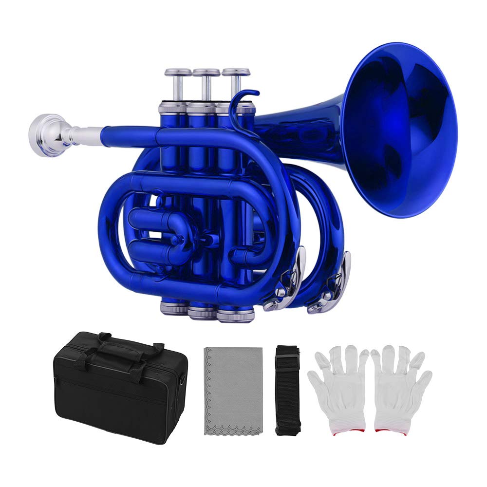 HXYIG Mini Pocket Trumpet Bb Flat Brass Material Wind Instrument with Mouthpiece Gloves Cloth Carrying Case
