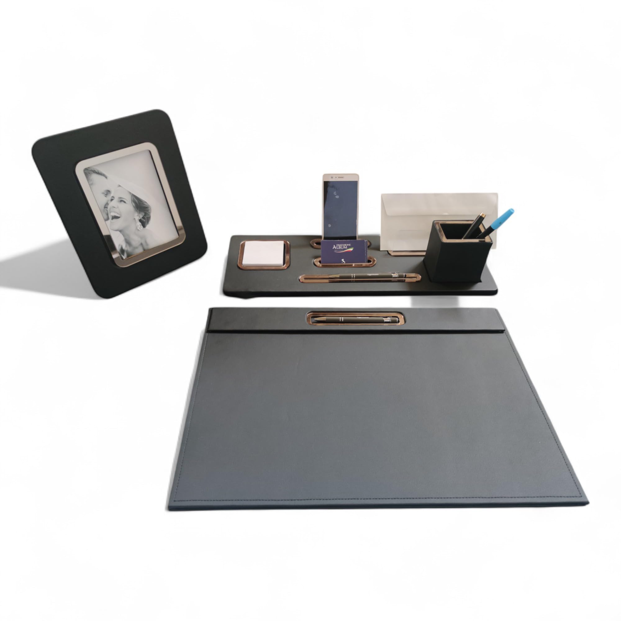 Oggettando Set Scrivania, 5in1 Organizer Scrivania con Sup. Phone, Portalettere, Porta bigliett, Portacarte ades, Bicchiere portapenne, Sup. penna, Portato, Sottomano Ufficio e Casa (Acr. Bronzo)