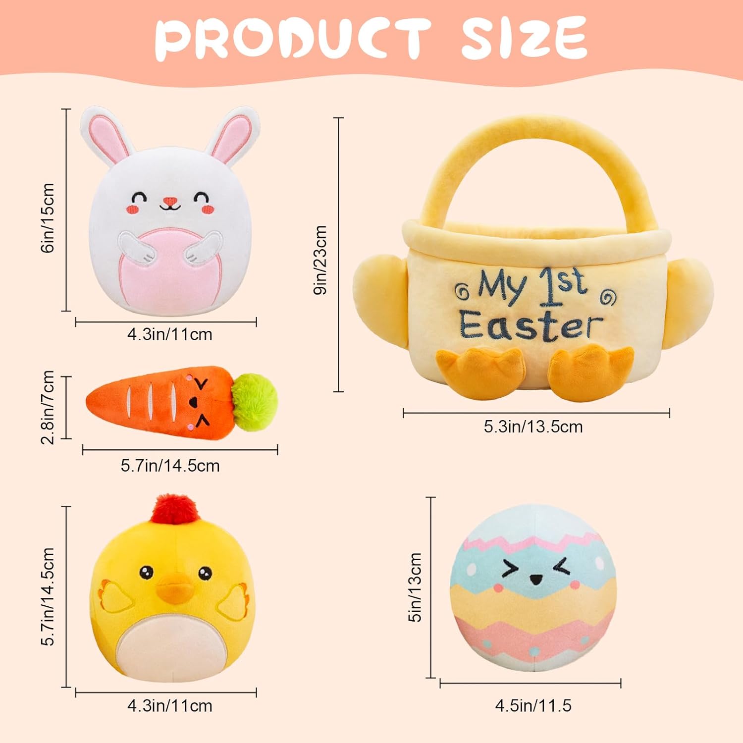 TOYSYM My First Easter Basket Stuffed Playset 5PCS Plush Bunny Chick Carrot Egg Gift for Easter