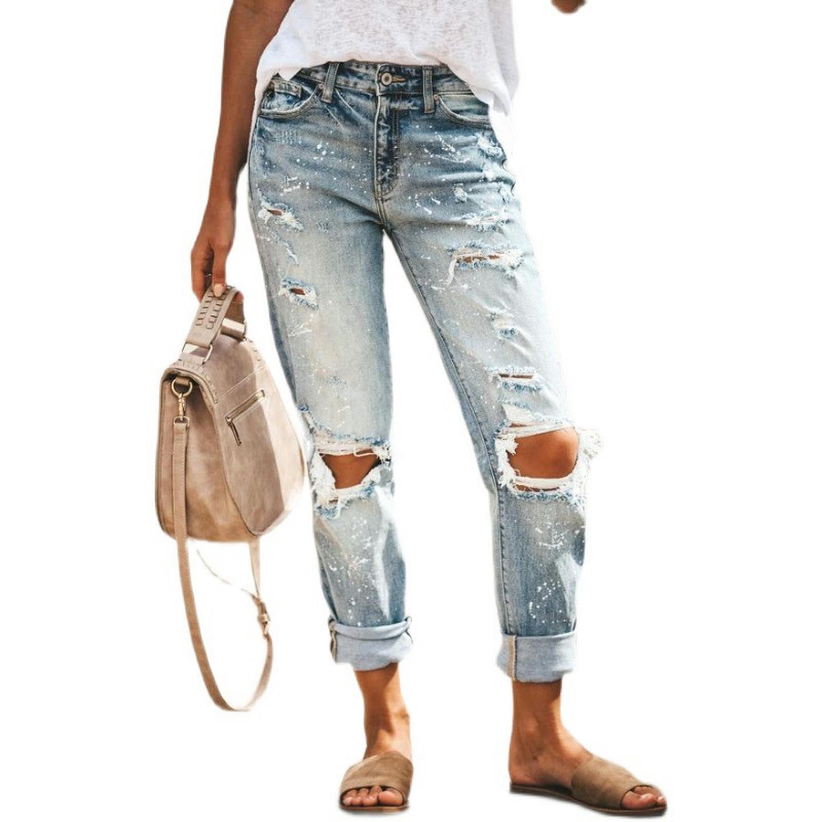 Pantaloni Lunghi da Donna Jeans Strappati Slim lavati da Donna - Blu - S