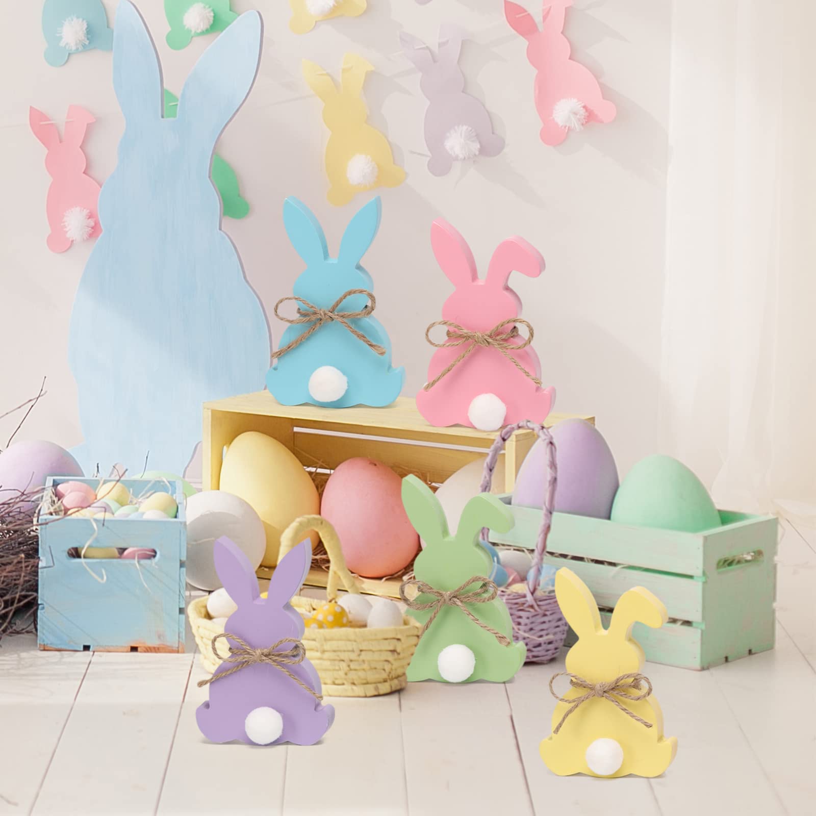 5 letreros de madera de conejo de Pascua para decoración de mesa de Pascua con forma de conejo