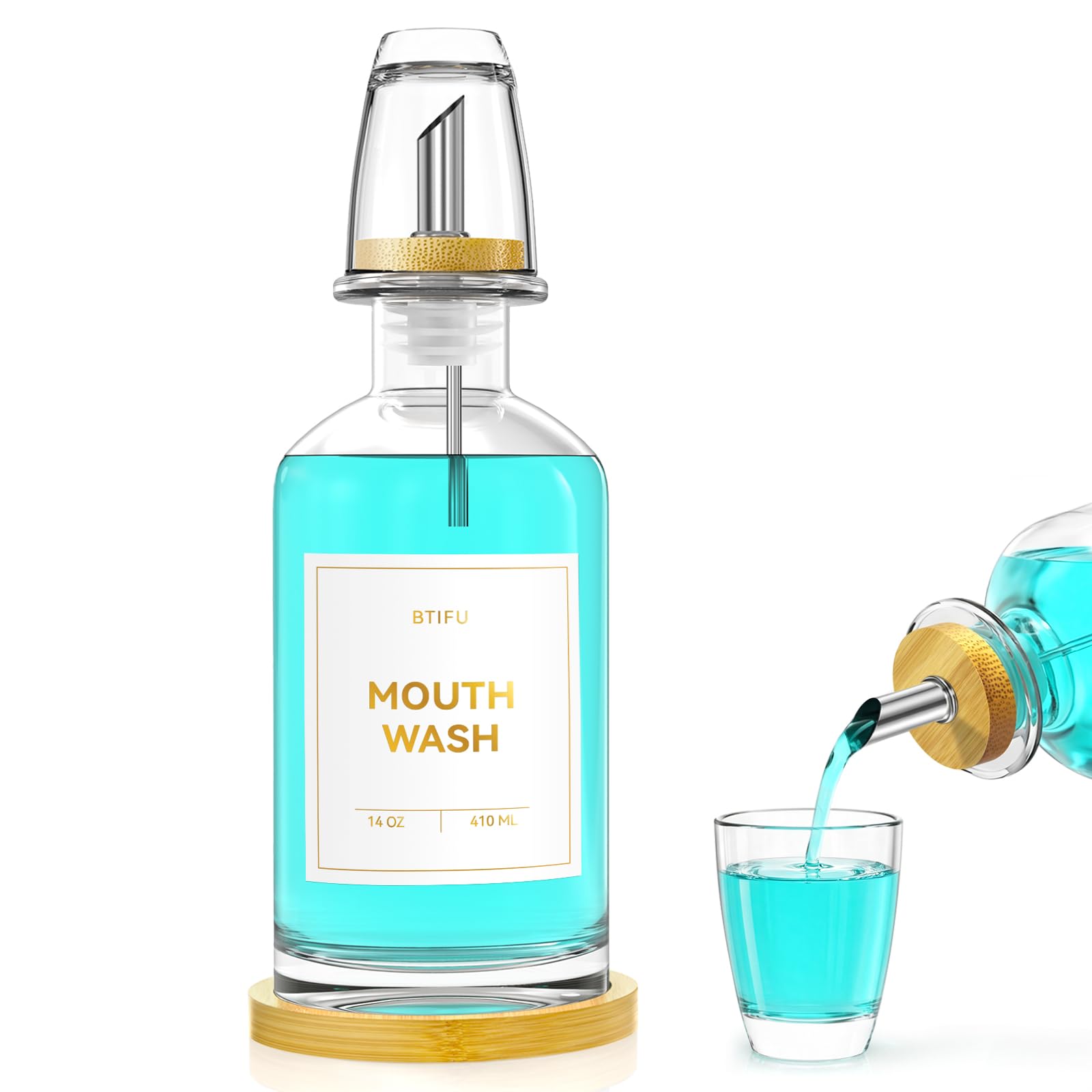Glass Mouthwash Dispenser for Bathroom – 410ml Refillable Mouthwash Container with 2 Glass Cups & Bamboo Tray, Countertop Mouth Wash Dispensers - Bathroom Decor for Home, Office (Clear)