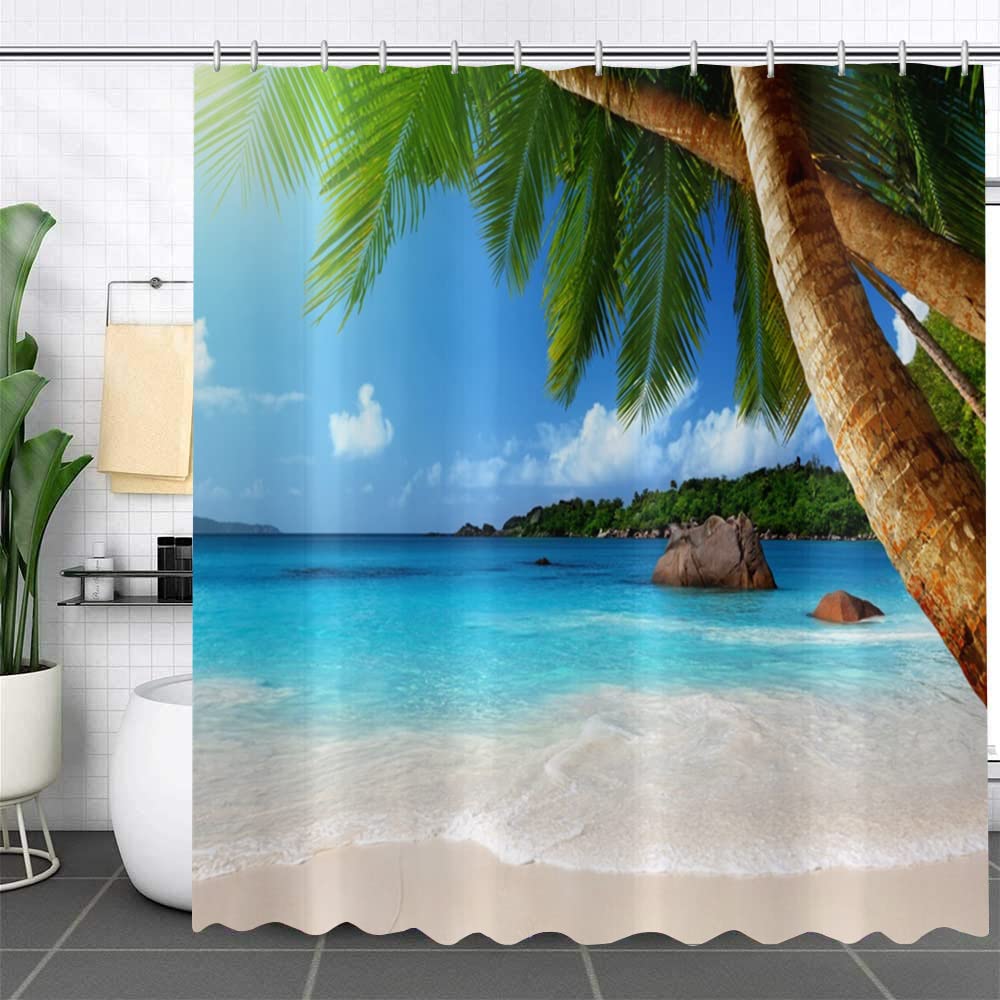 GCIREC Ocean Beach Shower Curtain, Summer Seaside Tropical Paradise Blue Sky Palm Tree Island Bathroom Curtain Waterproof Fabric Machine Washable with