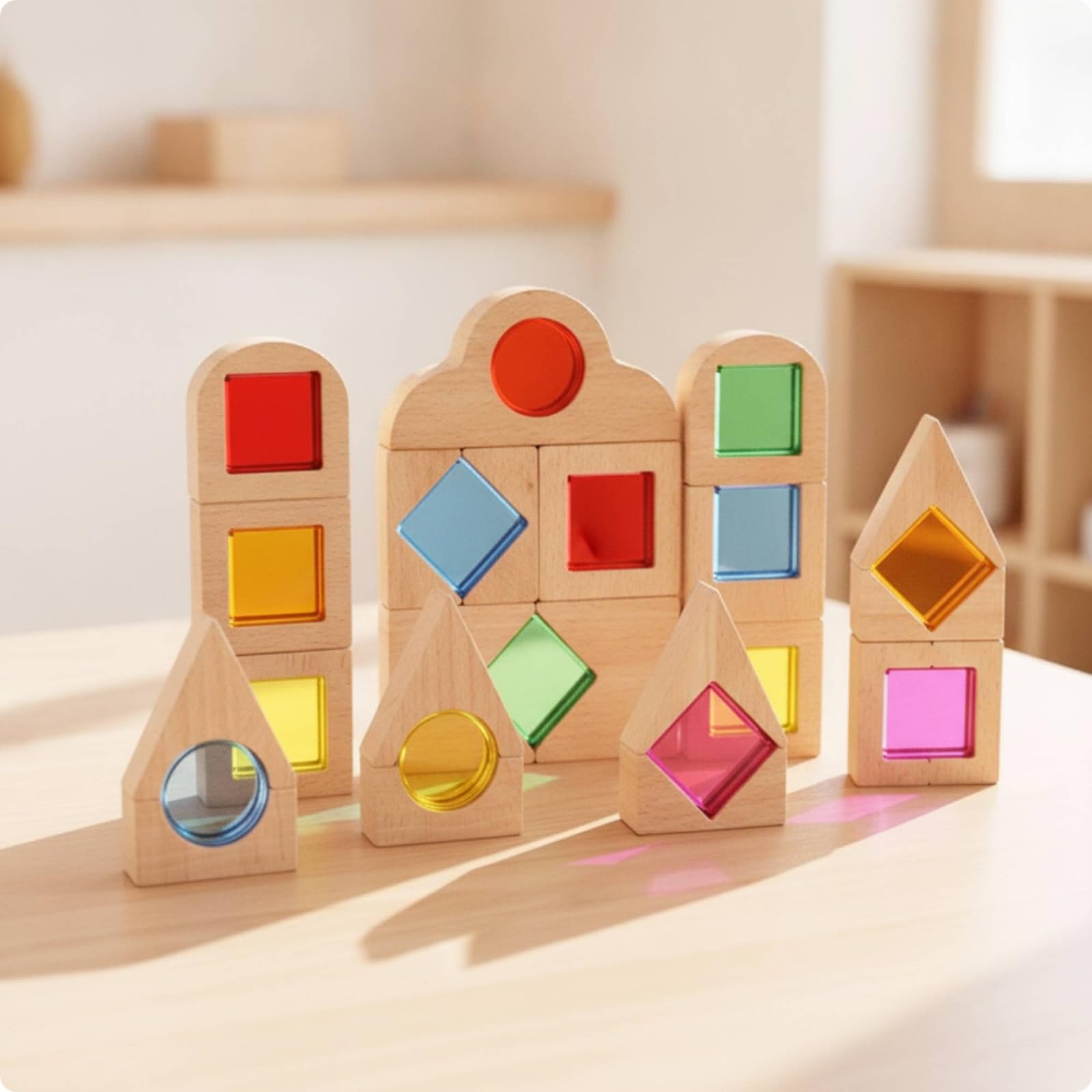 40 Pezzi Blocchi di Costruzione in Legno e Acrilico Educativi Gioco di Costruzioni con Inserti Acrilici Creativo Blocchi Legno Traslucidi per Casa