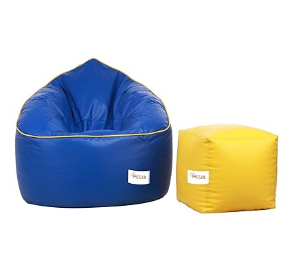 Sattva Combo Muddha Bean Bag Cover Royal Blue Yellow Piping and Square Footstool Cover (Without Cover) - Yellow