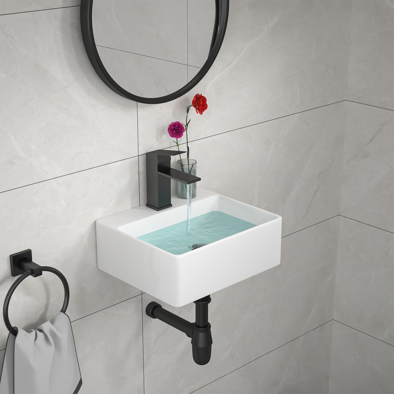 Kichae Wall Mount Hung Small Vessel Sink - Bathroom Corner Floating Sink Rectangle 13" x 11" Modern Bathroom White Porcelain Ceramic Vessel Vanity Sink with Faucet Hole 2