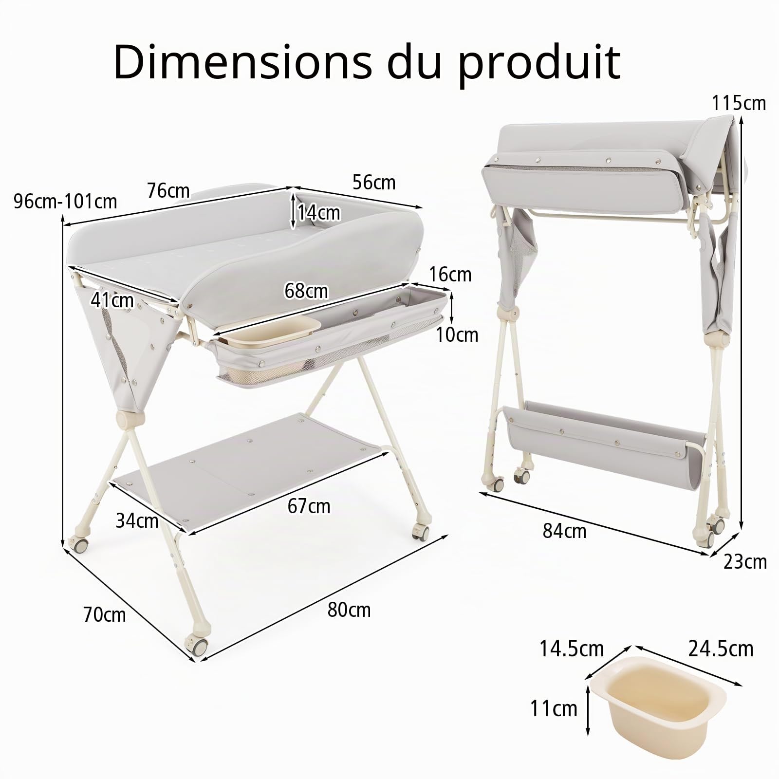 LIFEZEAL Table à Langer Pliante avec Roues Universelles, Espace de Rangement, Table Langer Bébé 0-6 Mois avec Charge de 11 KG, Tissu Hydrofuge, Oléofuge et Anti-taches, Gris