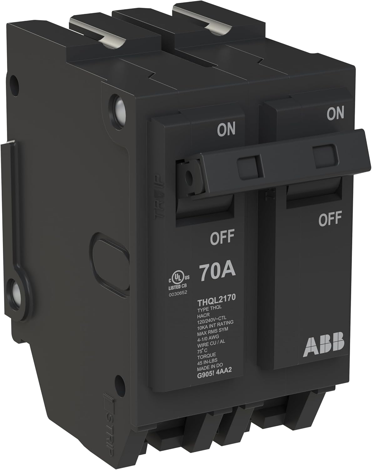ABB Q-Line® THQL2170P Circuit Breaker • 70 Amp Double-Pole Breaker • 120/240 VAC • 10 kAIC Interrupt Rating • Thermal Magnetic Plug-On Breaker for Load Centers