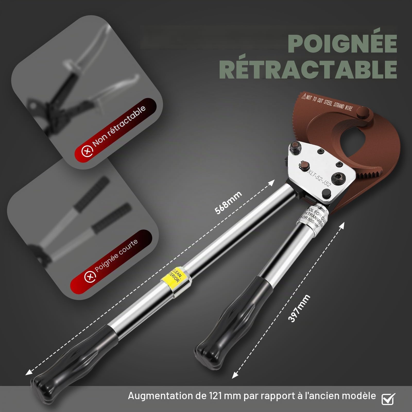 Newtry coupe-câbles à cliquet robuste pour le découpage de câbles blindés en cuivre/aluminium jusqu'à 500 mm². Outil de découpe de fil efficace (J52)