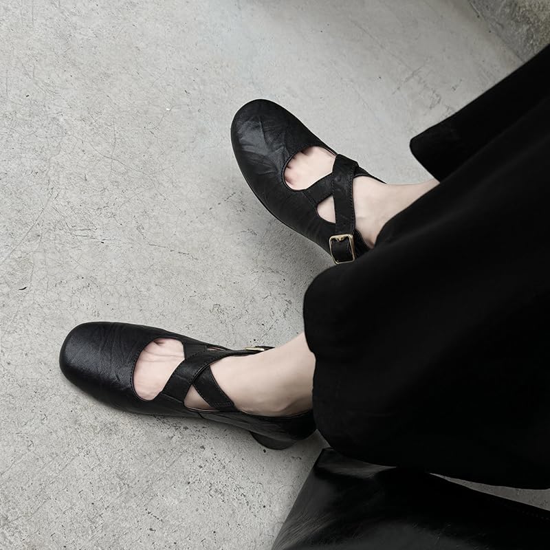 Women's Ballet Flats Chunky Heels Round Toe Cross Strap Mid Block Heel Pumps with Buckle Comfortable Shoes2