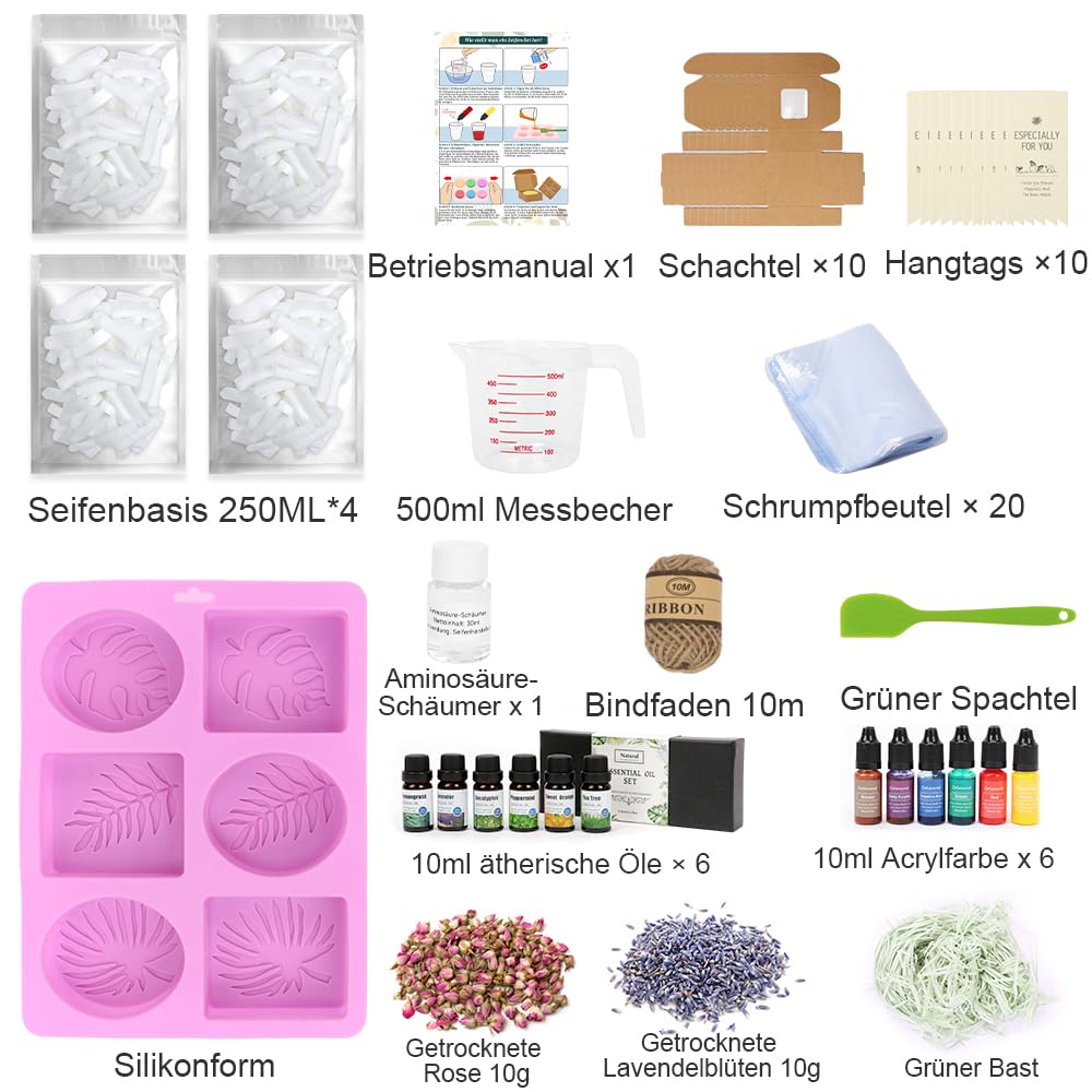 DIY Seife Selber Machen, Seifen Selber Machen Set, Kreative Basteln Erwachsene, Seifenset DIY Komplettset mit Seifenbasis & 6 Acrylfarbe usw. für die Seifenherstellung
