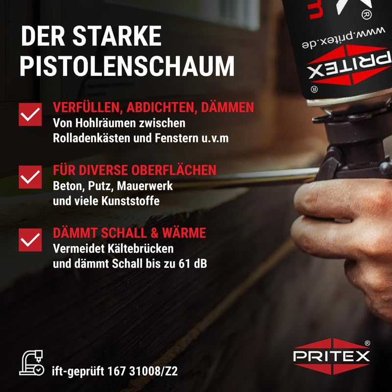 PRITEX – Pistolenschaum 5 x 750 ml zum Verfüllen, Dämmen & Abdichten – Montageschaum mit hervorragender Schall- & Wärmedämmung – Bauschaum für Montagepistole